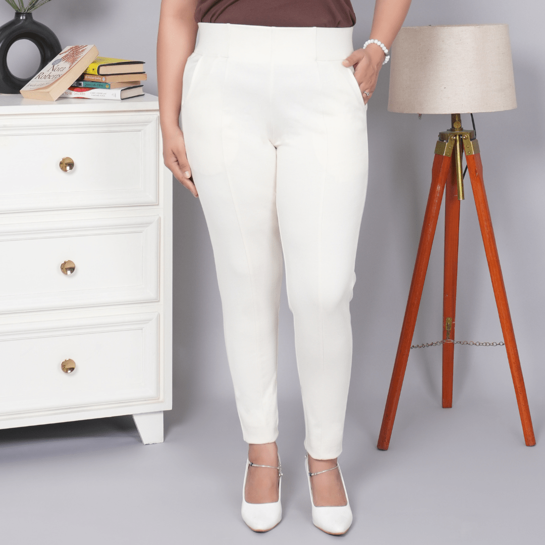 Off white stretchable biowash USA HQ cotton premium jegging pant with pockets & superior elastic belt. - Milano jegging pants with pcoket