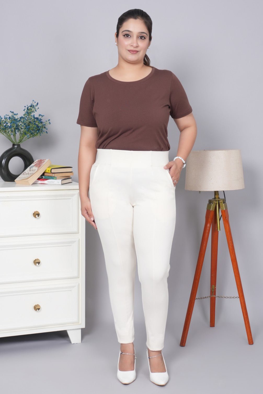 Off white stretchable biowash USA HQ cotton premium jegging pant with pockets & superior elastic belt. - Milano jegging pants with pcoket
