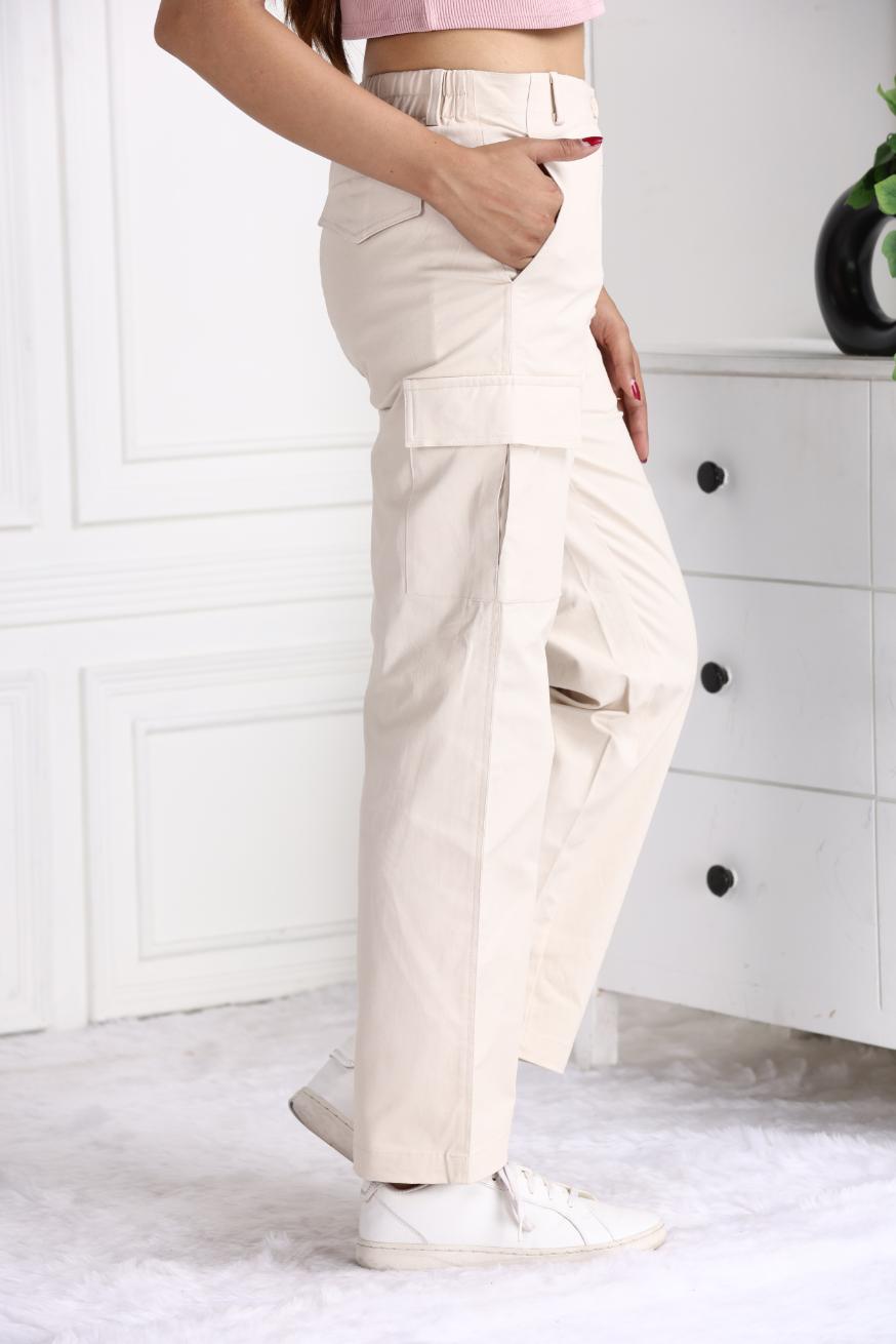 Off white stretchable biowash USA HQ cotton travel cargo pant with superior elastic belt. - Travel Cargo Pants