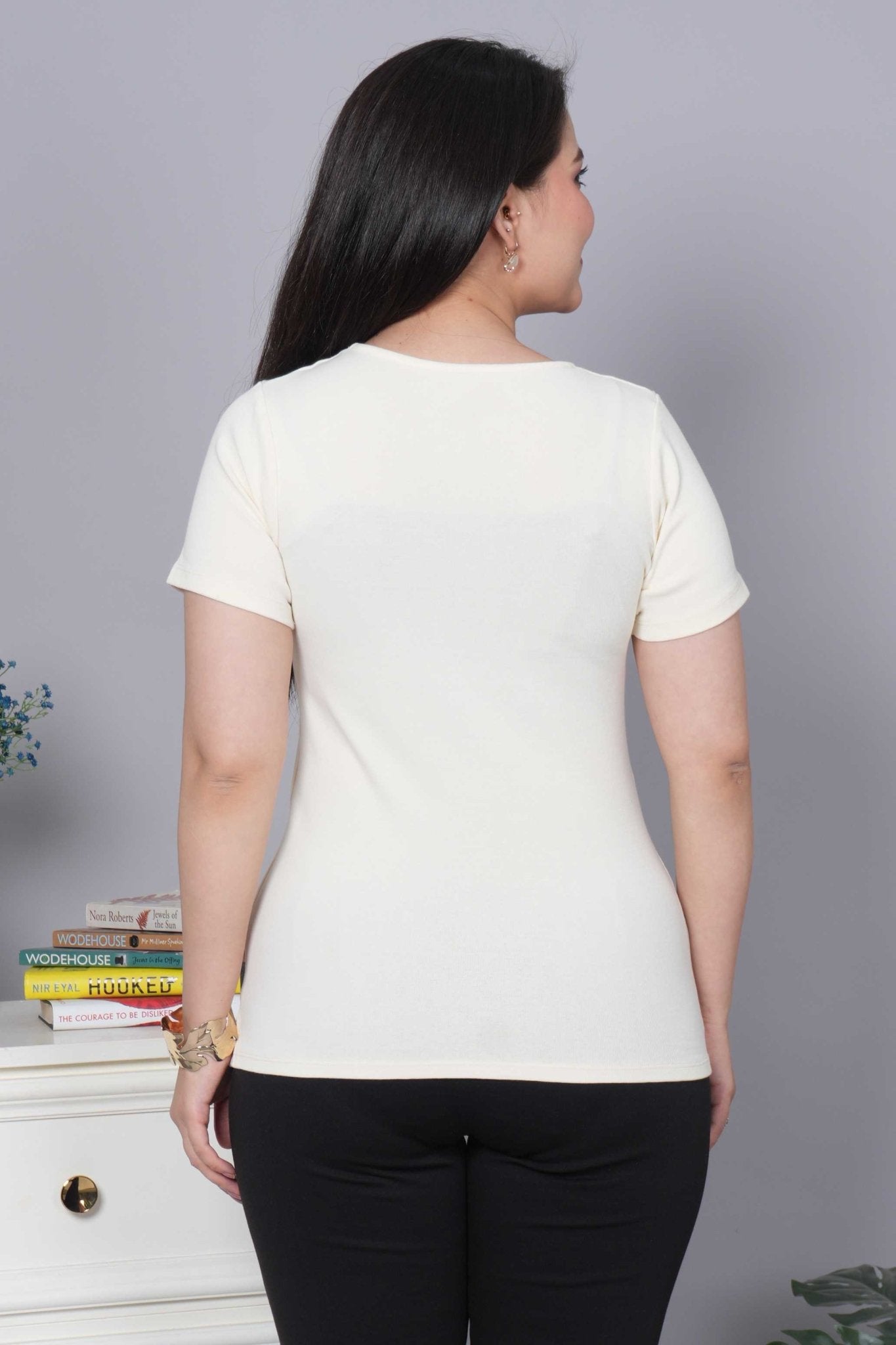Off White Stretchable Rib T Shirt [ 100% USA HQ Cotton, 280 GSM non transparent fabric ] - Rib t shirt