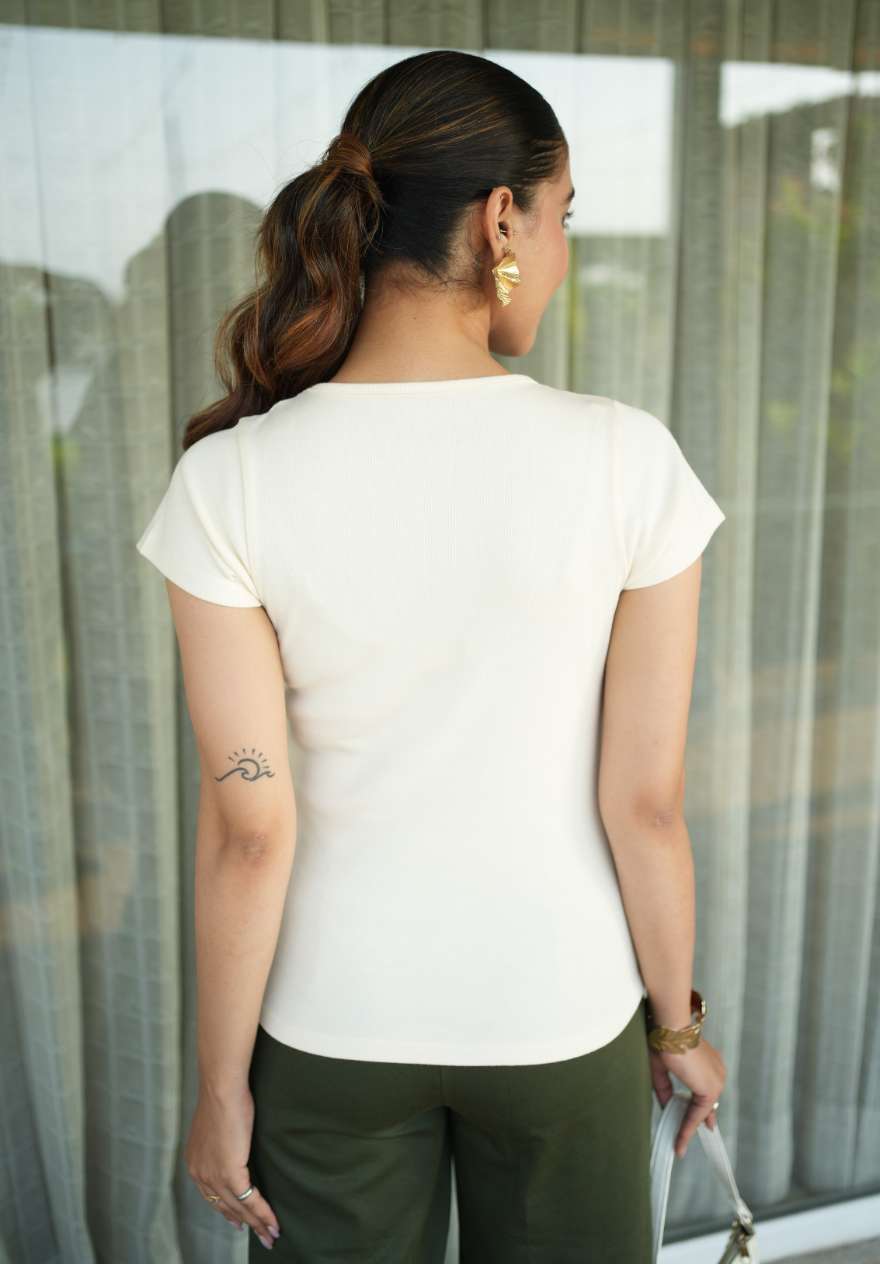 Off White Stretchable Rib T Shirt [ 100% USA HQ Cotton, 280 GSM non transparent fabric ] - Rib t shirt