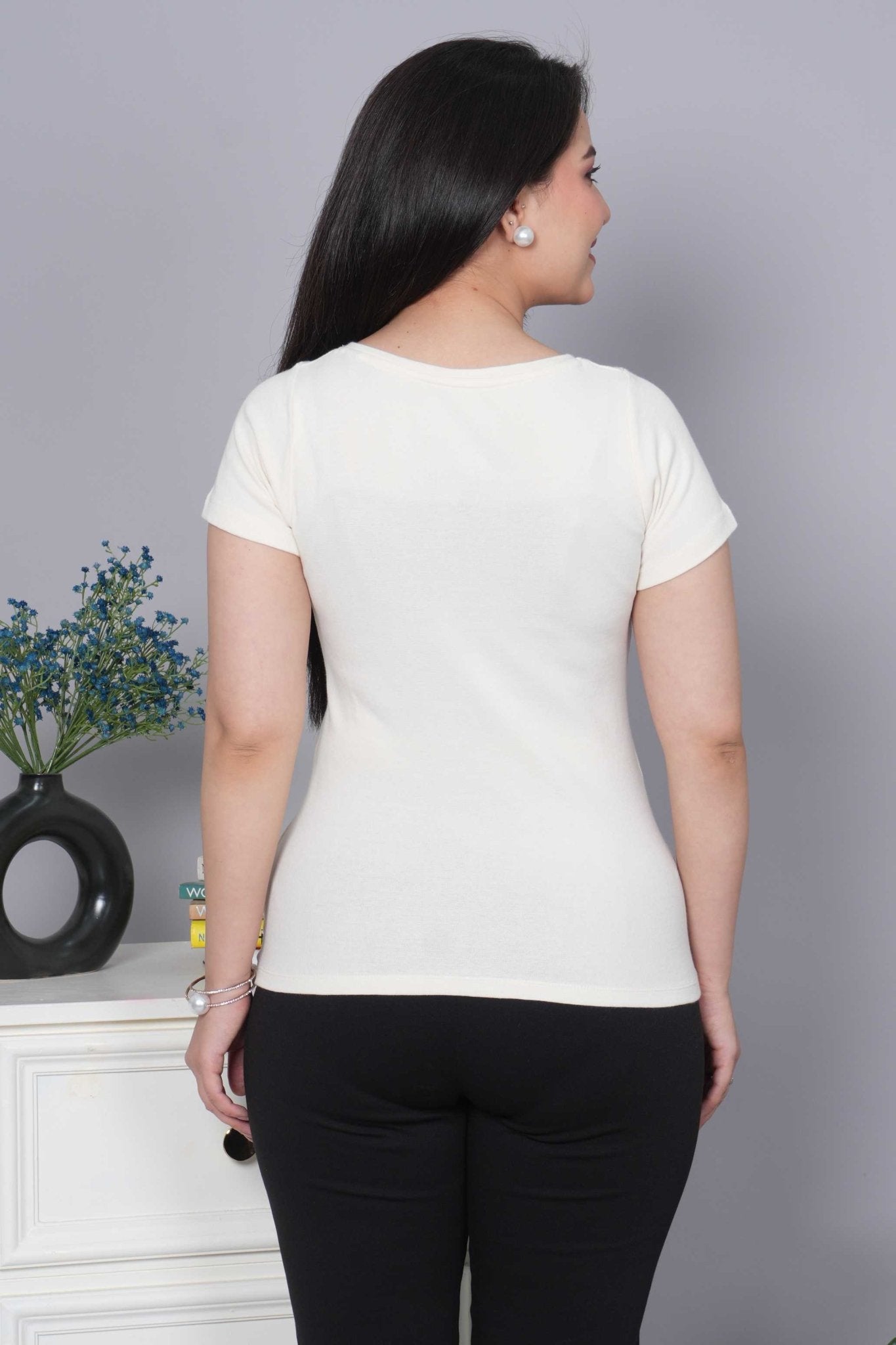 Off White Stretchable V Neck Rib T Shirt [ 100% USA HQ Cotton, 280 GSM non transparent fabric ] - Rib v neck t shirt