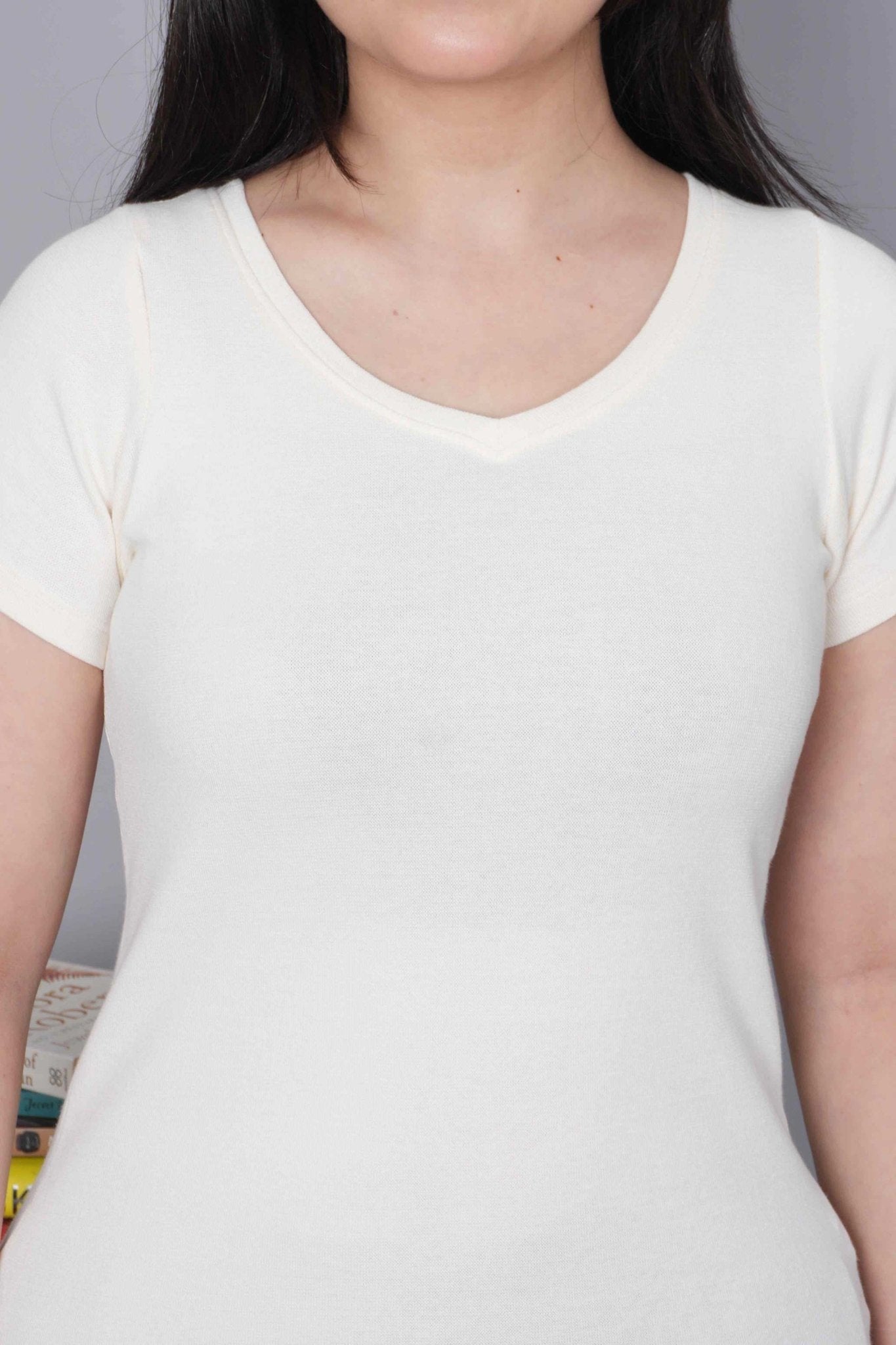 Off White Stretchable V Neck Rib T Shirt [ 100% USA HQ Cotton, 280 GSM non transparent fabric ] - Rib v neck t shirt