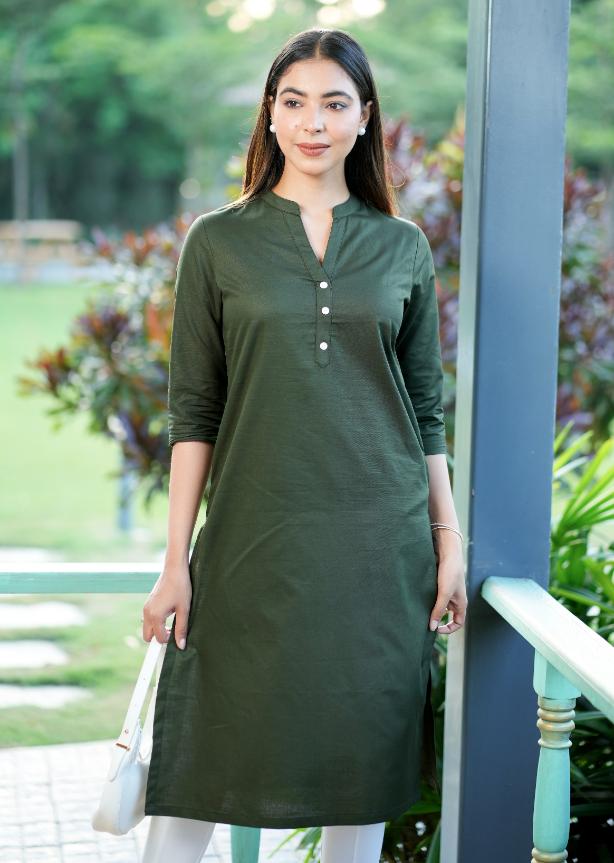 Olive 100% Premium Cotton Long Kurta - Long kurta