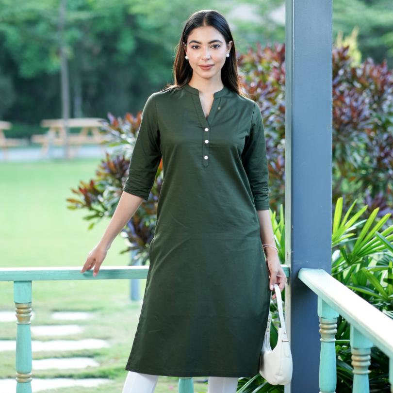 Olive 100% Premium Cotton Long Kurta - Long kurta