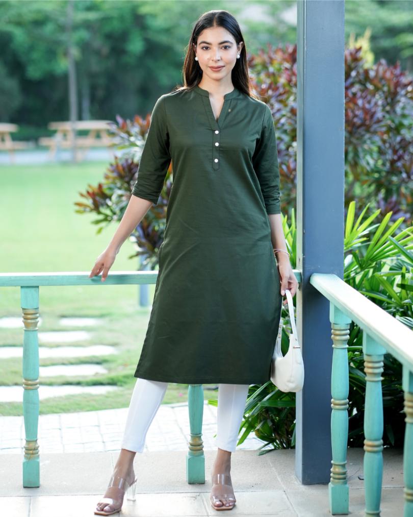 Olive 100% Premium Cotton Long Kurta - Long kurta