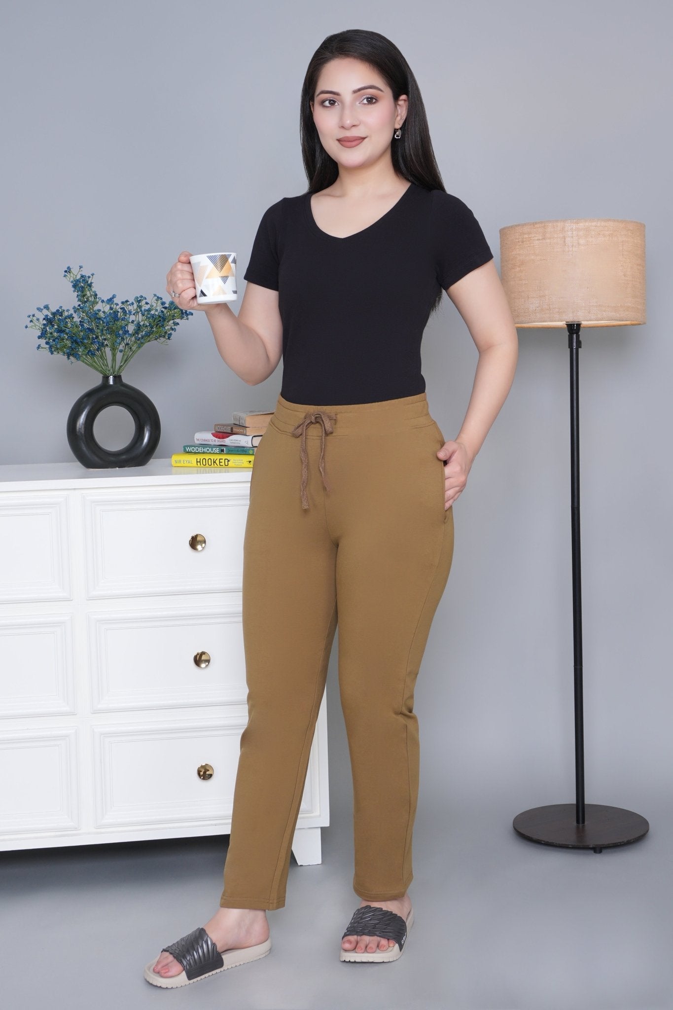 Olive all day home pants with extra comfort. [100% Cotton Lycra] - All day home pant