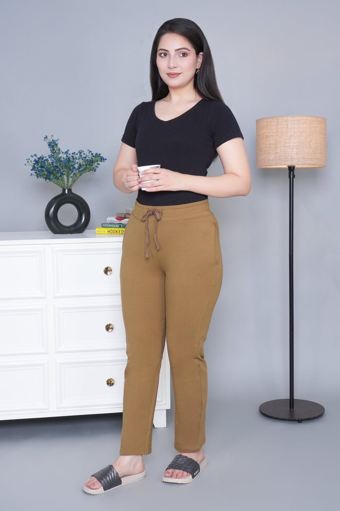 Olive all day home pants with extra comfort. [100% Cotton Lycra] - All day home pant