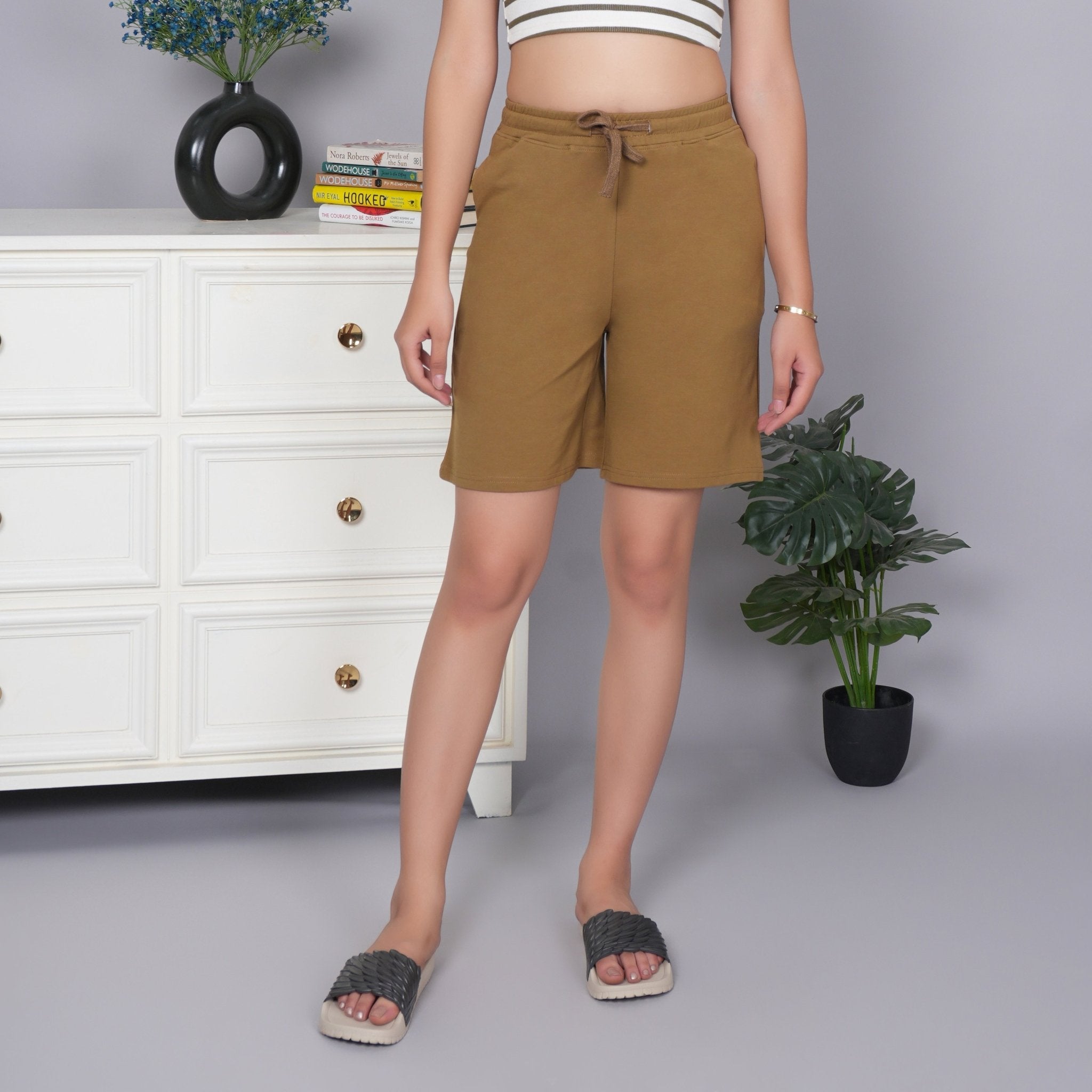 Olive all day home shorts with extra comfort. [100% USA HQ Cotton Lycra] - All day home shorts