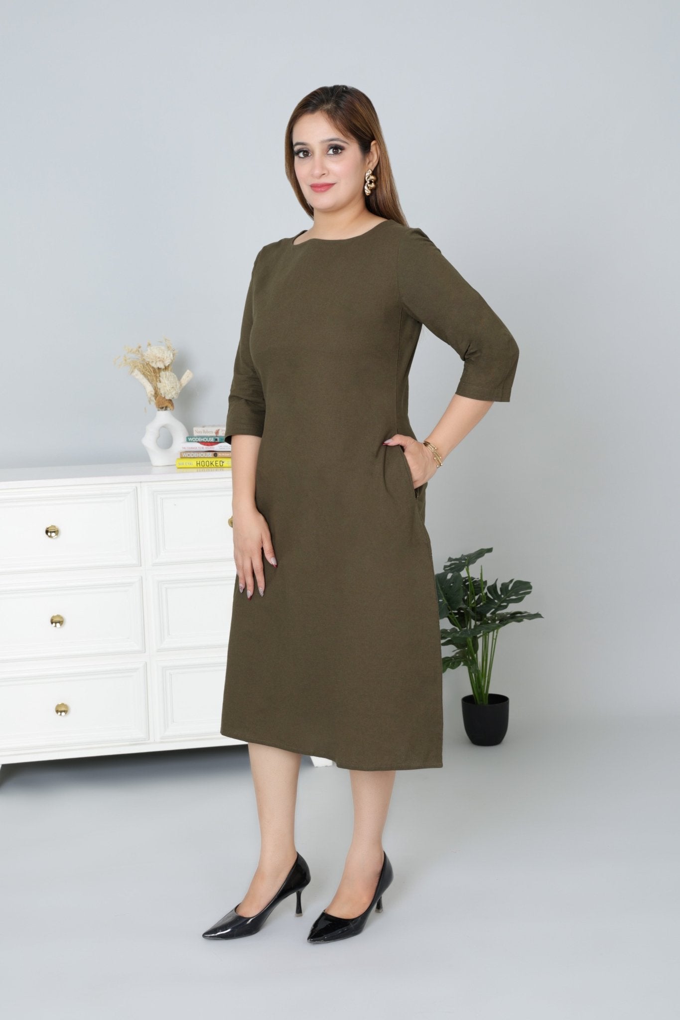 Olive cotton full sleeve midi dress with pocket [100% pure cotton] - Cotton pocket midi dress