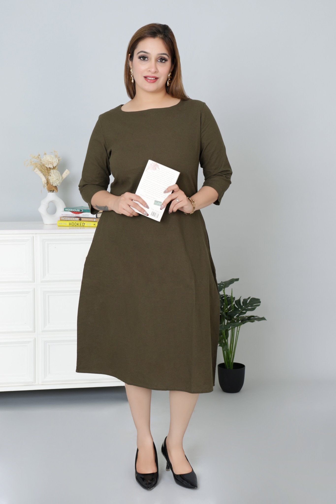 Olive cotton full sleeve midi dress with pocket [100% pure cotton] - Cotton pocket midi dress