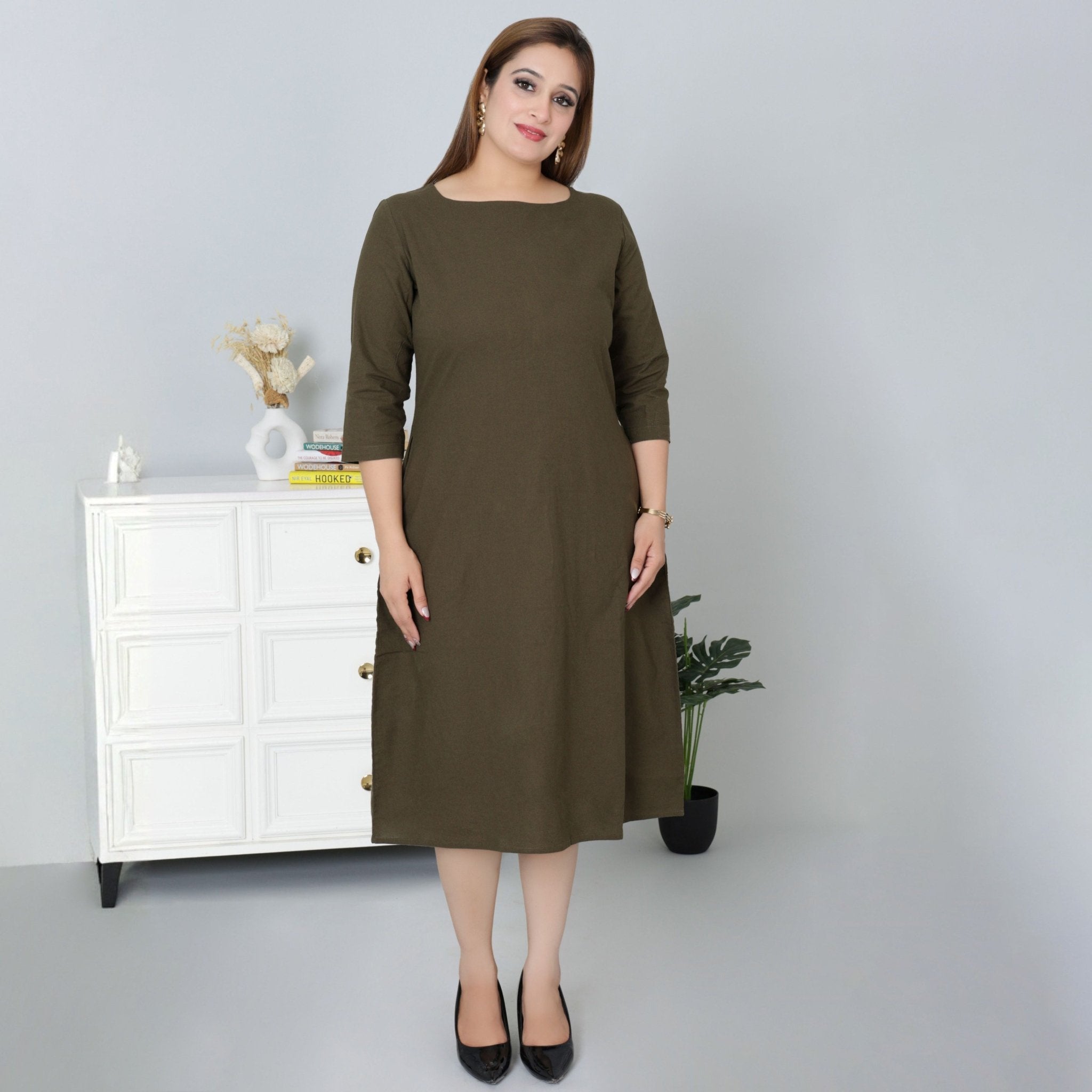 Olive cotton full sleeve midi dress with pocket [100% pure cotton] - Cotton pocket midi dress