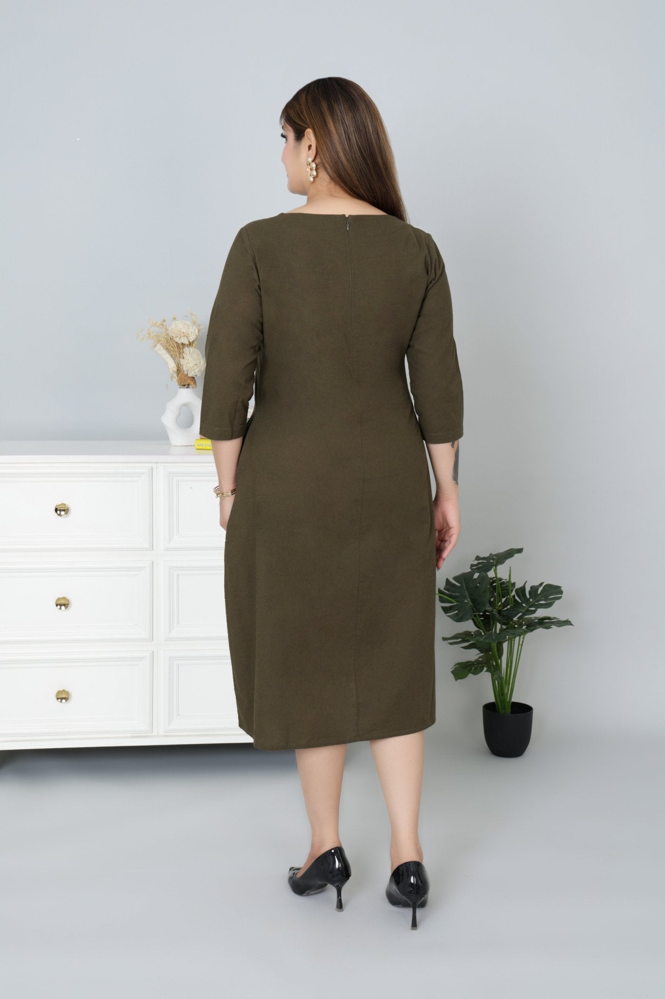 Olive cotton full sleeve midi dress with pocket [100% pure cotton] - Cotton pocket midi dress