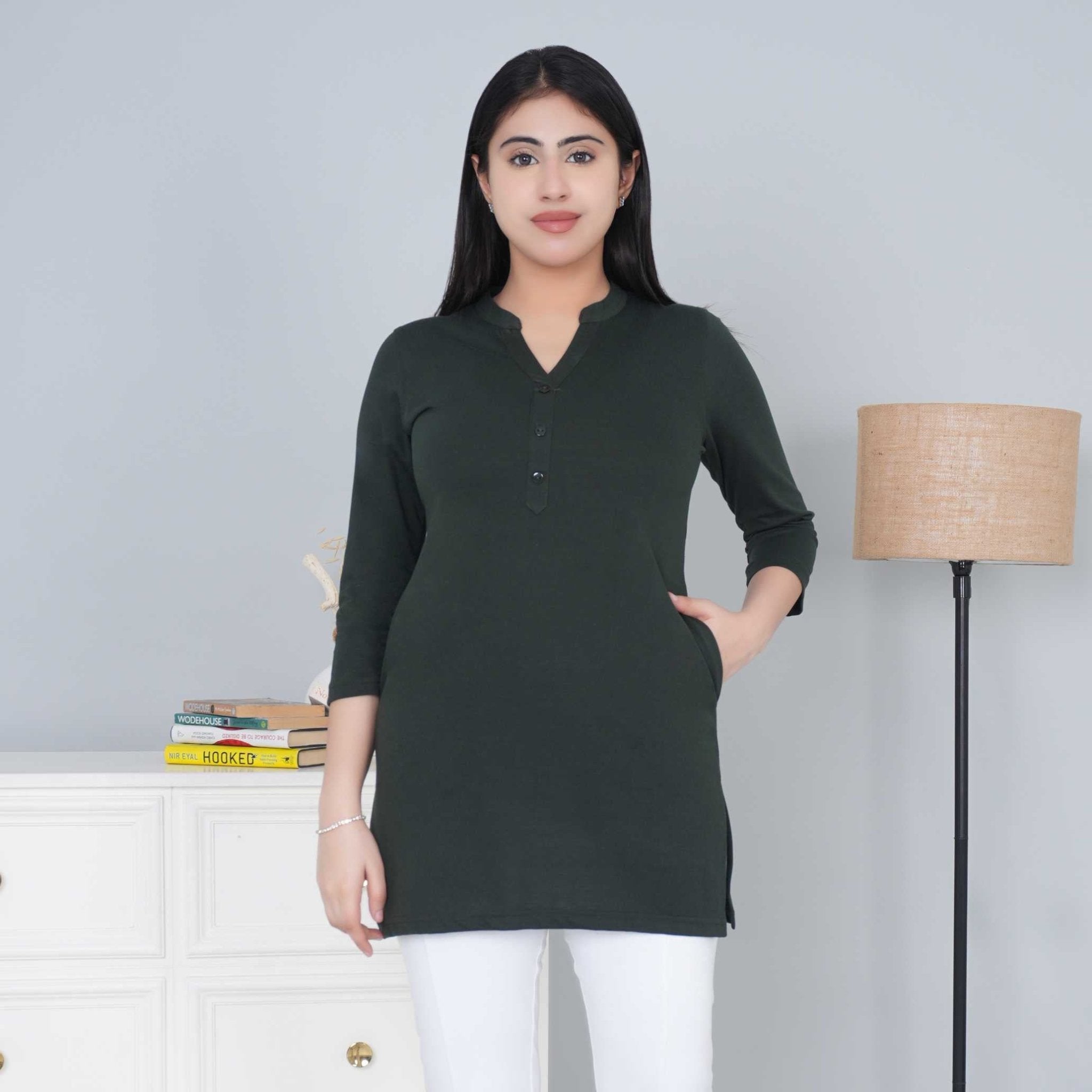 Olive cotton kurti tshirt with pockets - Kurti tshirt