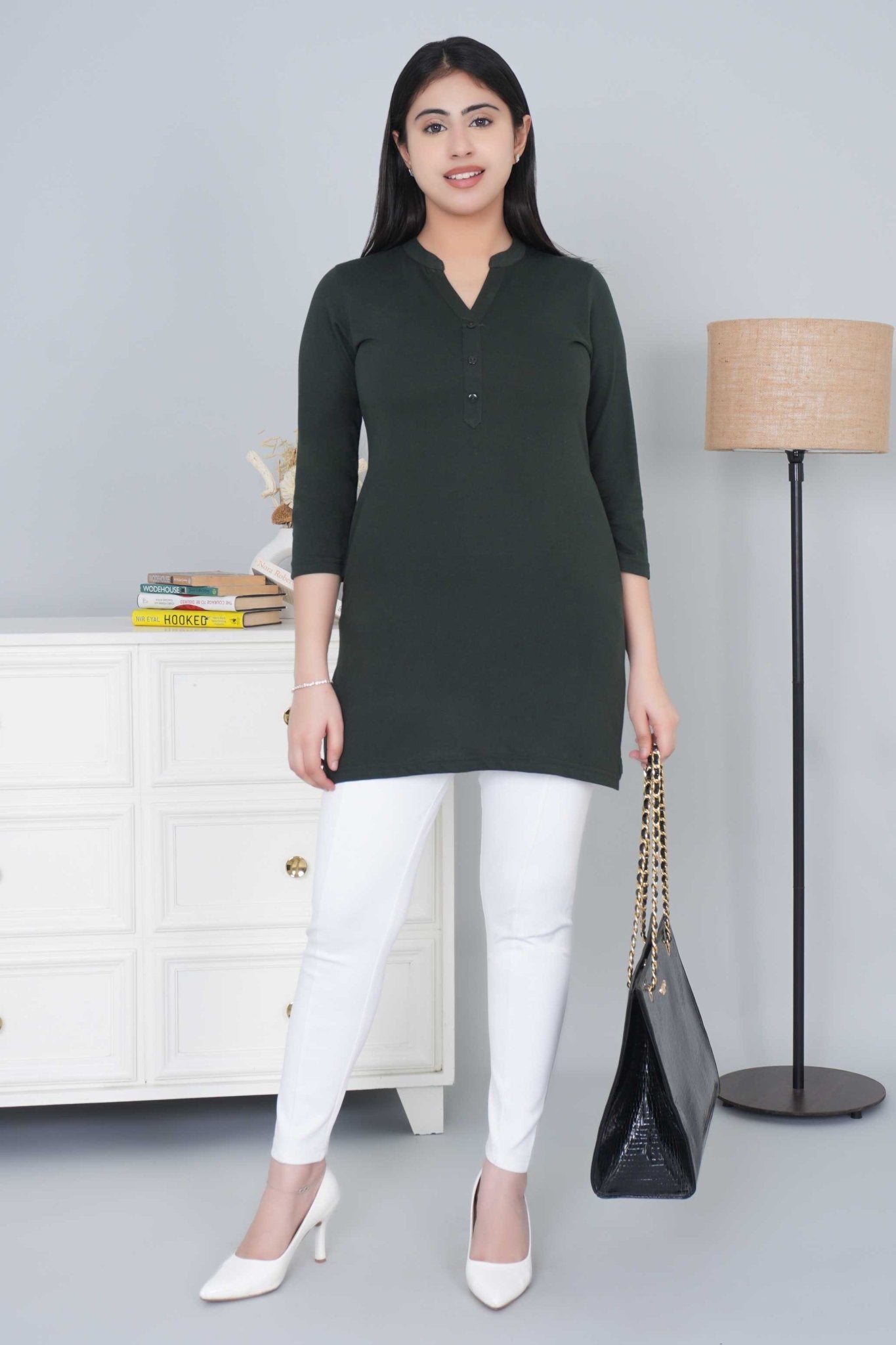 Olive cotton kurti tshirt with pockets - Kurti tshirt