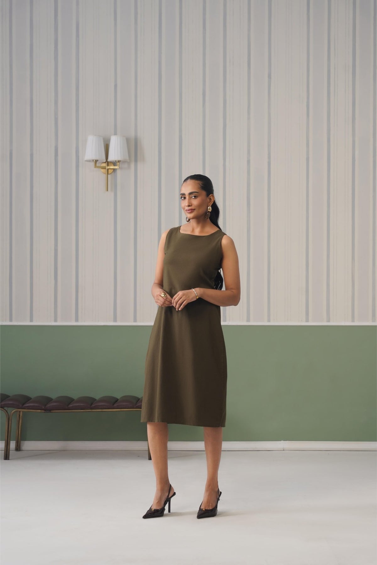 Olive cotton midi dress [100% pure cotton] -Cotton midi dress