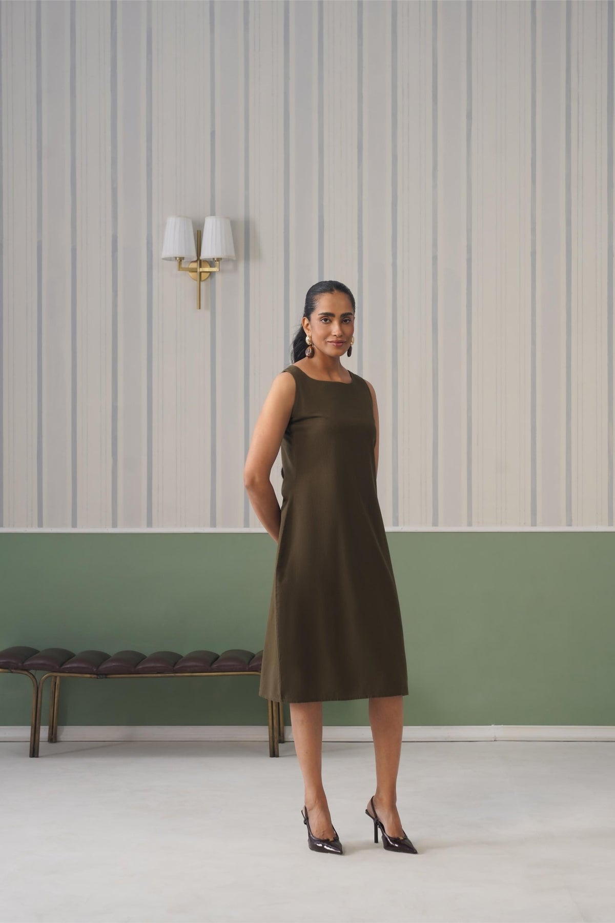 Olive cotton midi dress [100% pure cotton] -Cotton midi dress