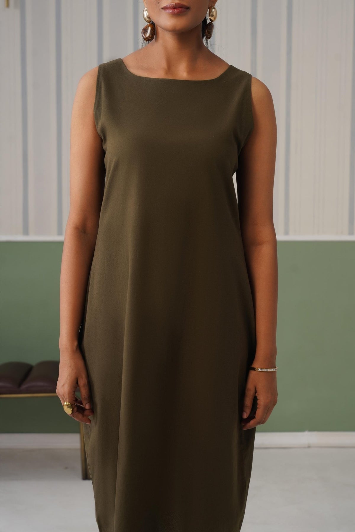 Olive cotton midi dress [100% pure cotton] -Cotton midi dress
