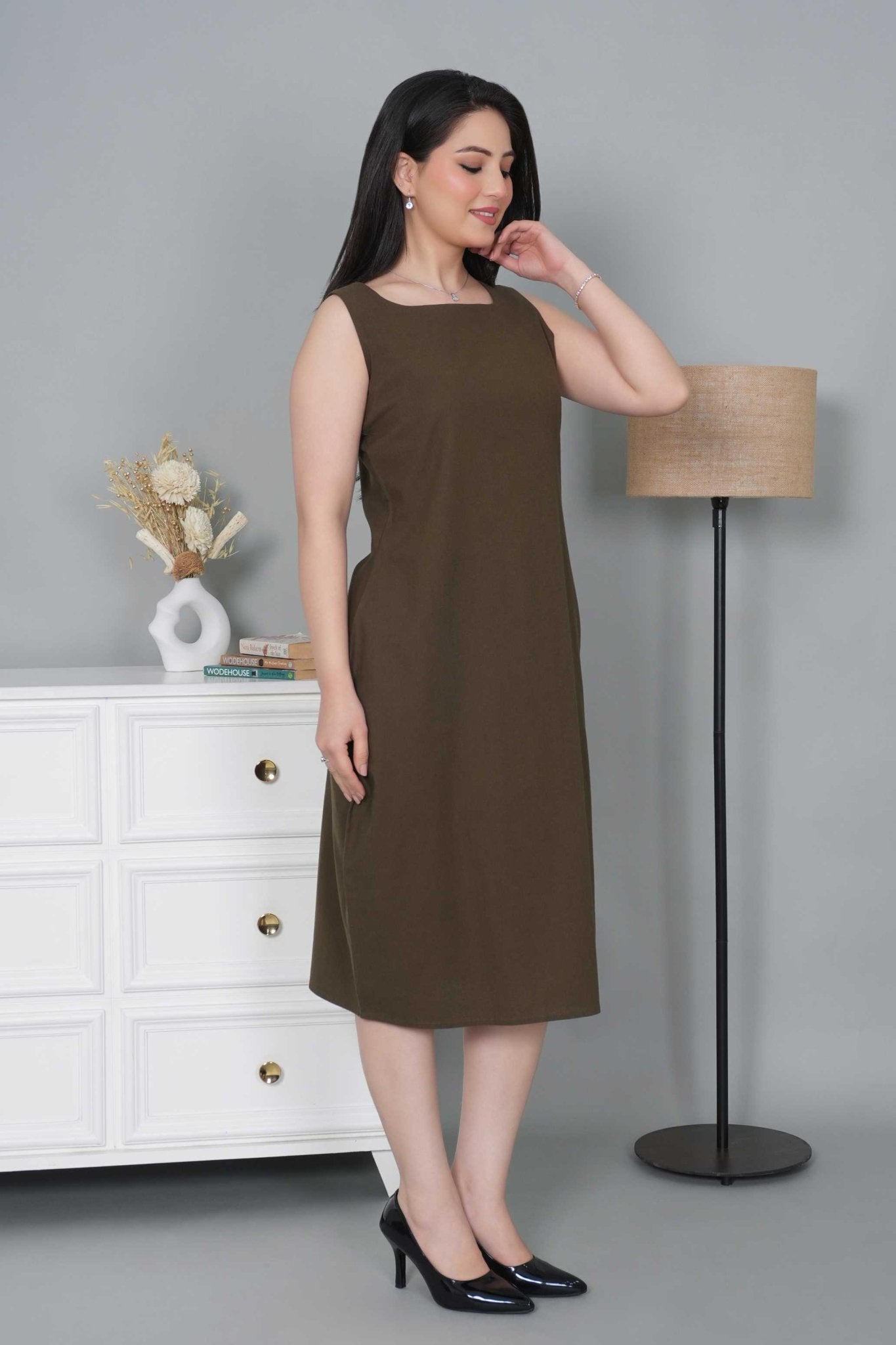 Olive cotton midi dress [100% pure cotton] - Cotton midi dress
