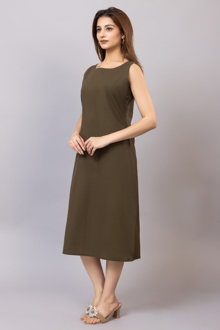 Olive cotton midi dress [100% pure cotton] - Cotton midi dress