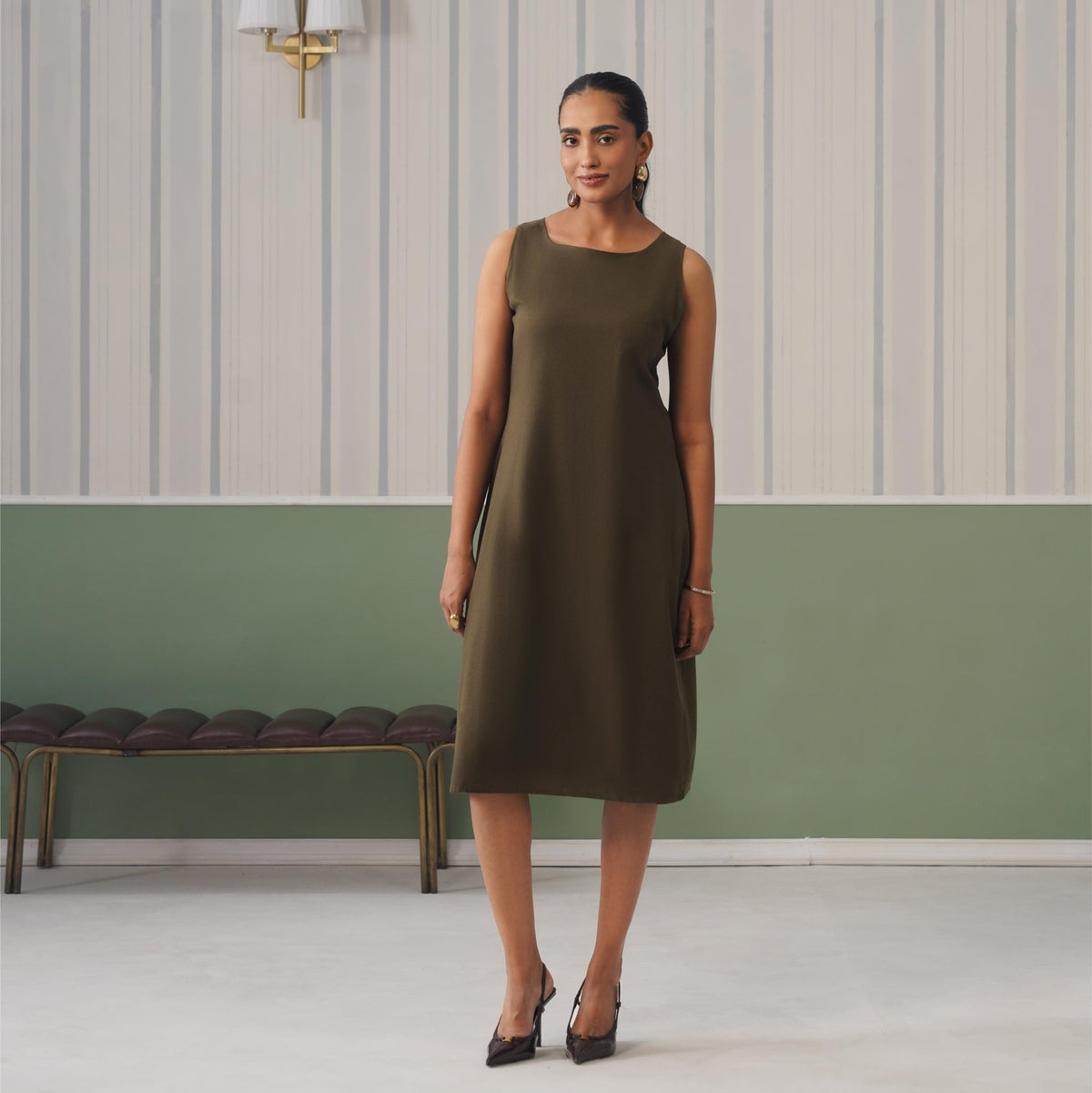 Olive cotton midi dress [100% pure cotton] -Cotton midi dress