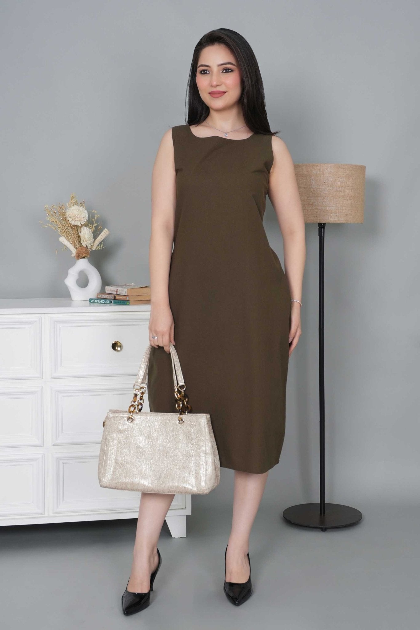 Olive cotton midi dress [100% pure cotton] - Cotton midi dress