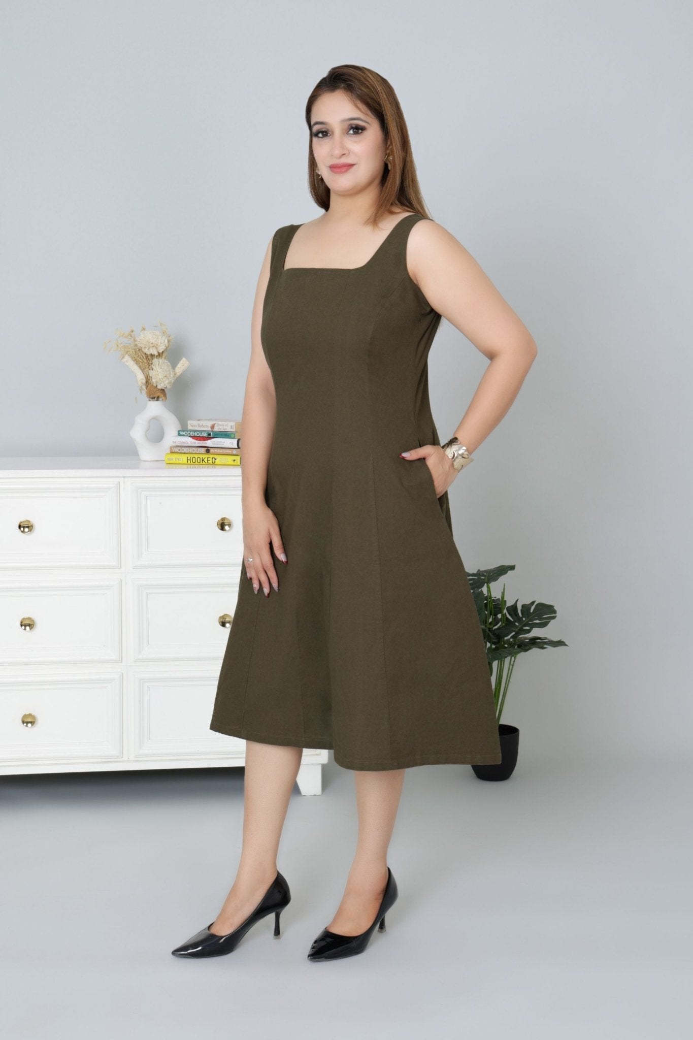 Olive cotton midi dress with pocket [100% pure cotton] - Cotton pocket midi dress