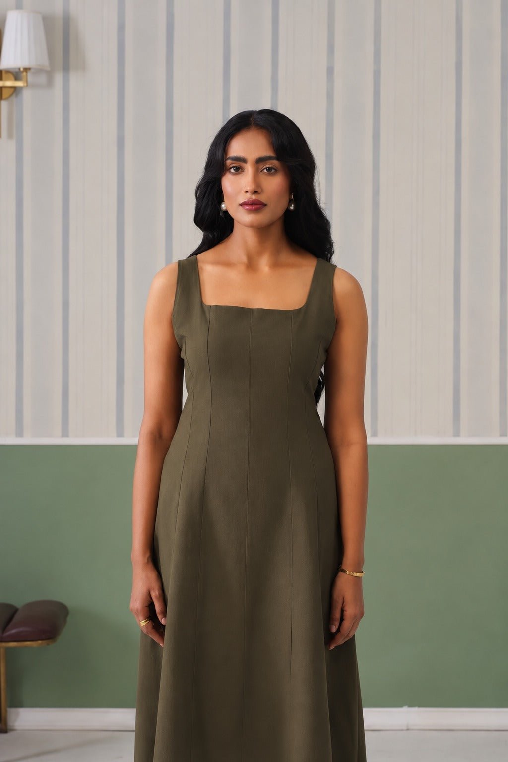 Olive cotton midi dress with pocket [100% pure cotton] -Cotton pocket midi dress