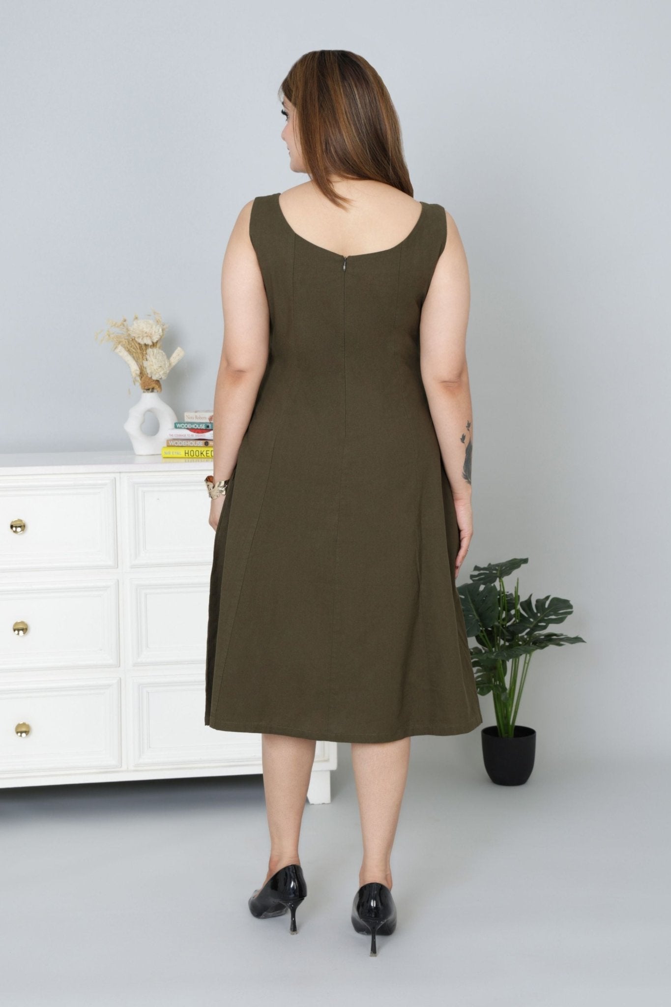 Olive cotton midi dress with pocket [100% pure cotton] - Cotton pocket midi dress