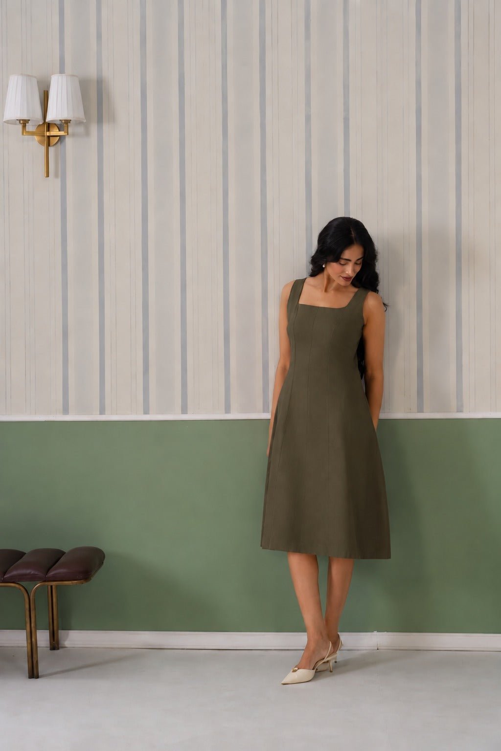 Olive cotton midi dress with pocket [100% pure cotton] -Cotton pocket midi dress
