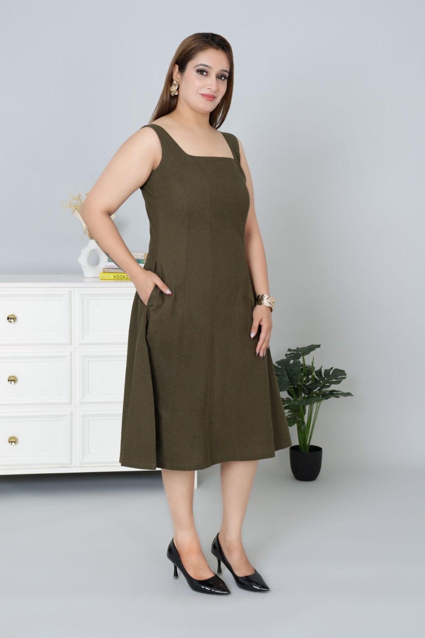 Olive cotton midi dress with pocket [100% pure cotton] - Cotton pocket midi dress