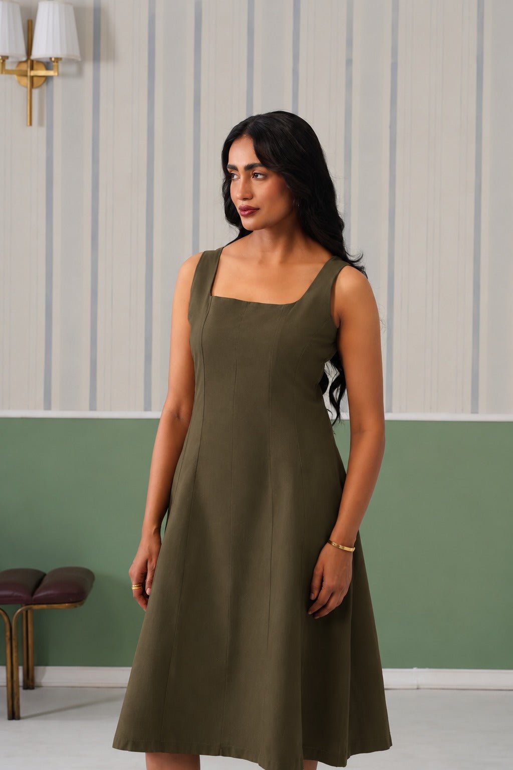 Olive cotton midi dress with pocket [100% pure cotton] -Cotton pocket midi dress