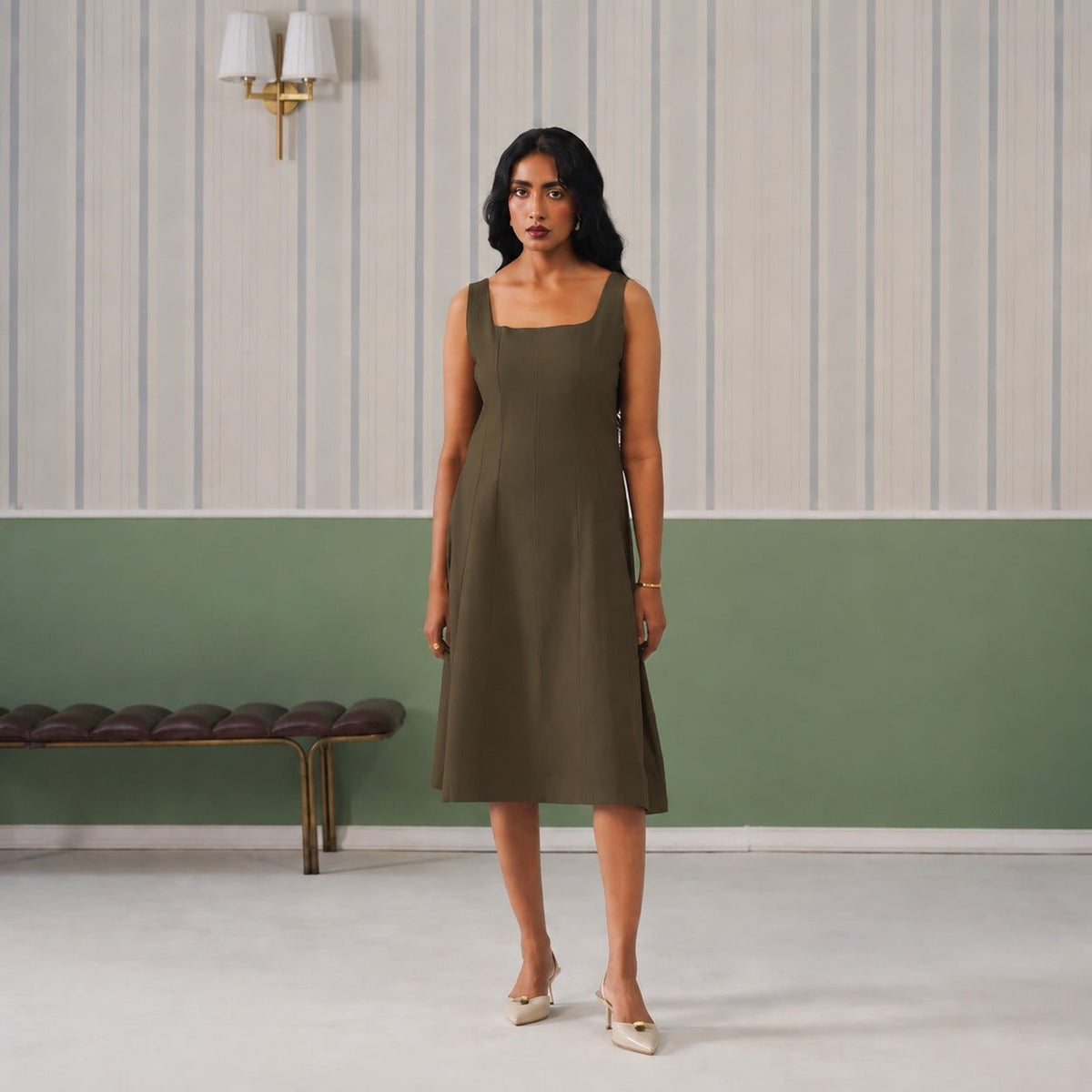Olive cotton midi dress with pocket [100% pure cotton] -Cotton pocket midi dress
