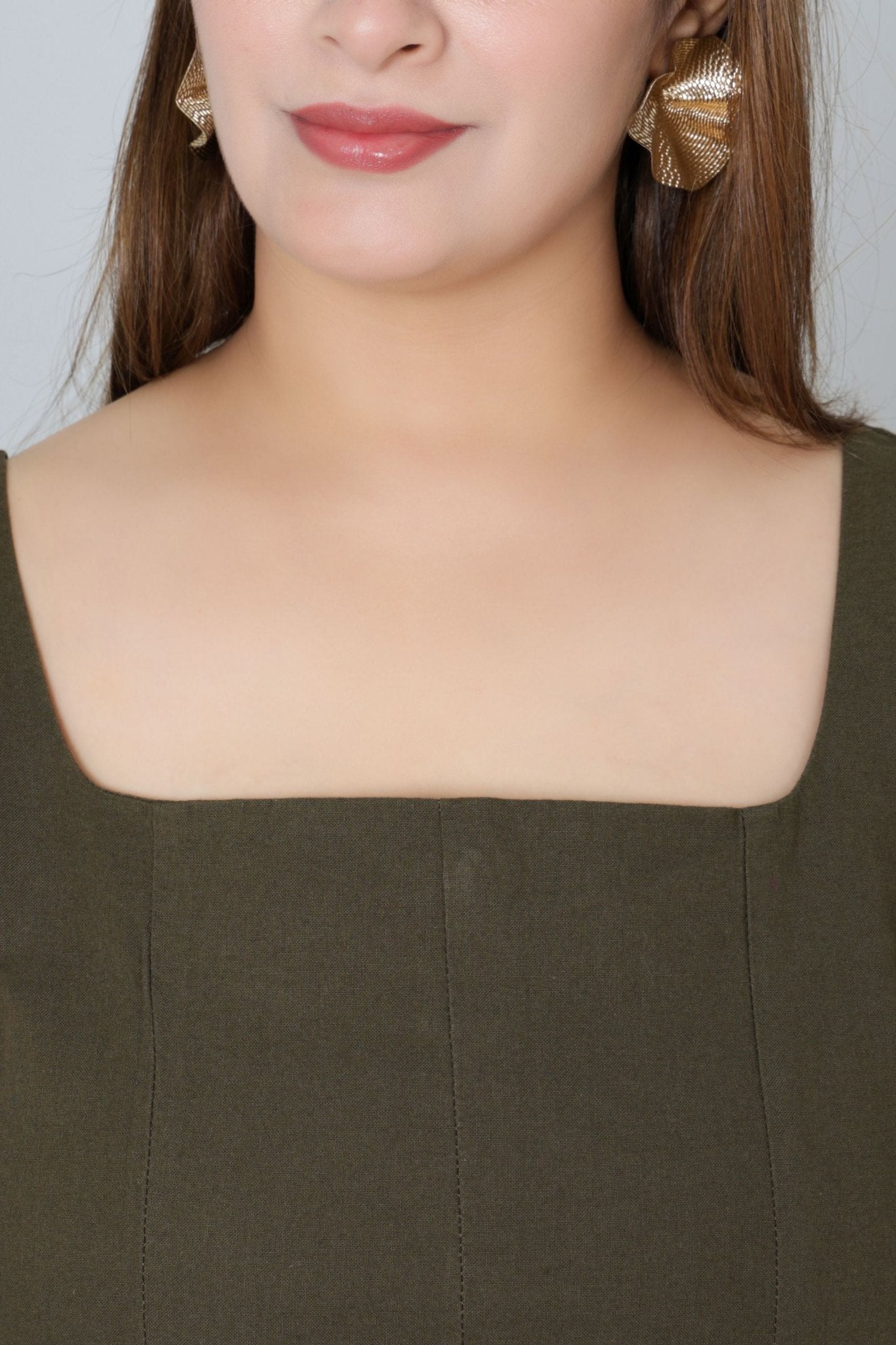 Olive cotton midi dress with pocket [100% pure cotton] - Cotton pocket midi dress