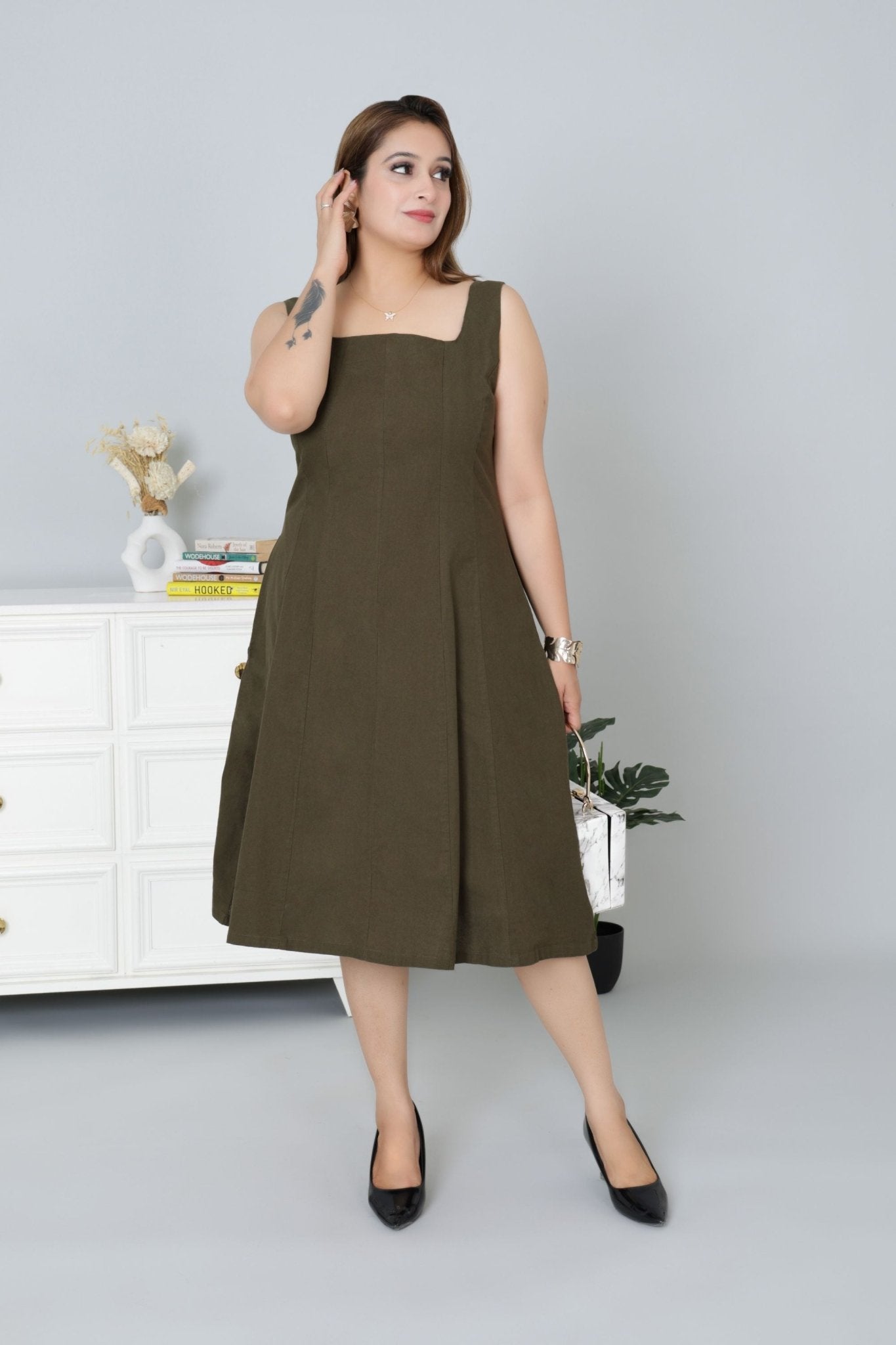 Olive cotton midi dress with pocket [100% pure cotton] - Cotton pocket midi dress