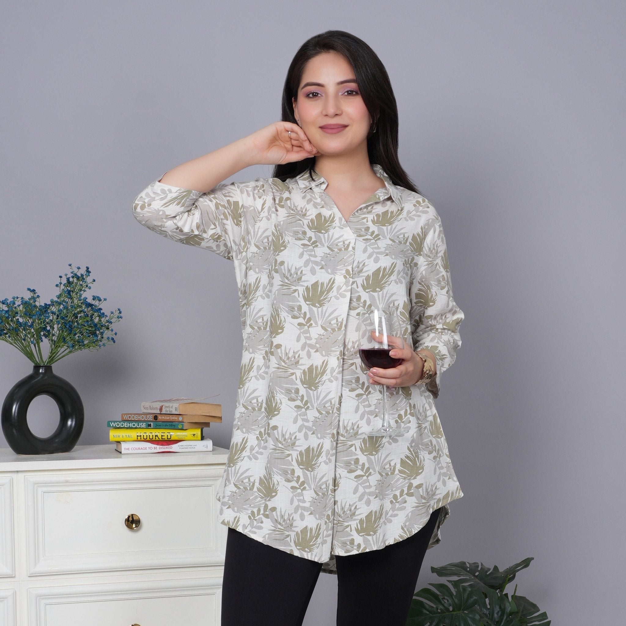 Olive cotton printed flare top [ 100% cotton] - Cotton printed flare top