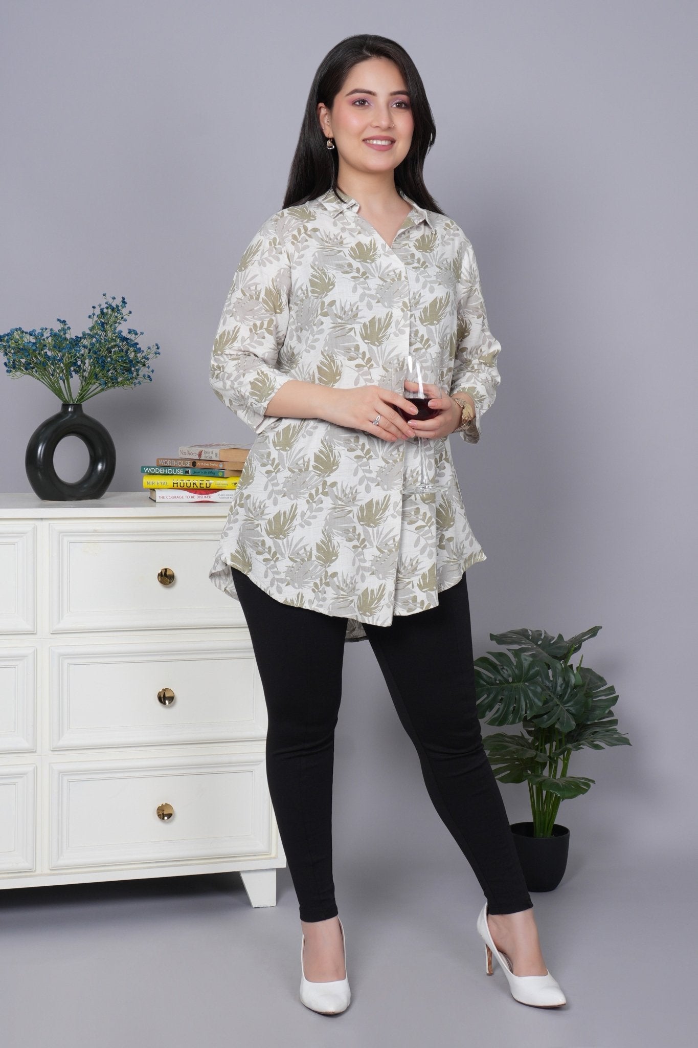 Olive cotton printed flare top [ 100% cotton] - Cotton printed flare top