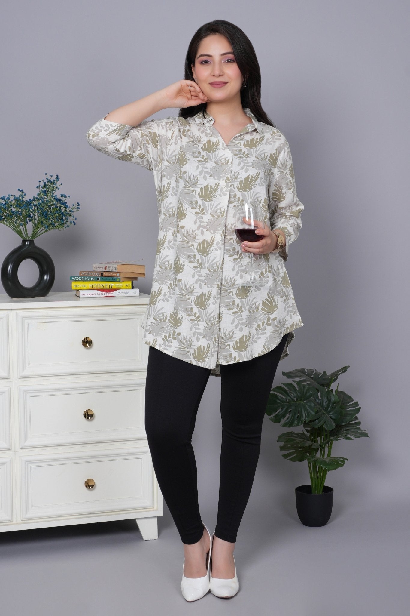 Olive cotton printed flare top [ 100% cotton] - Cotton printed flare top