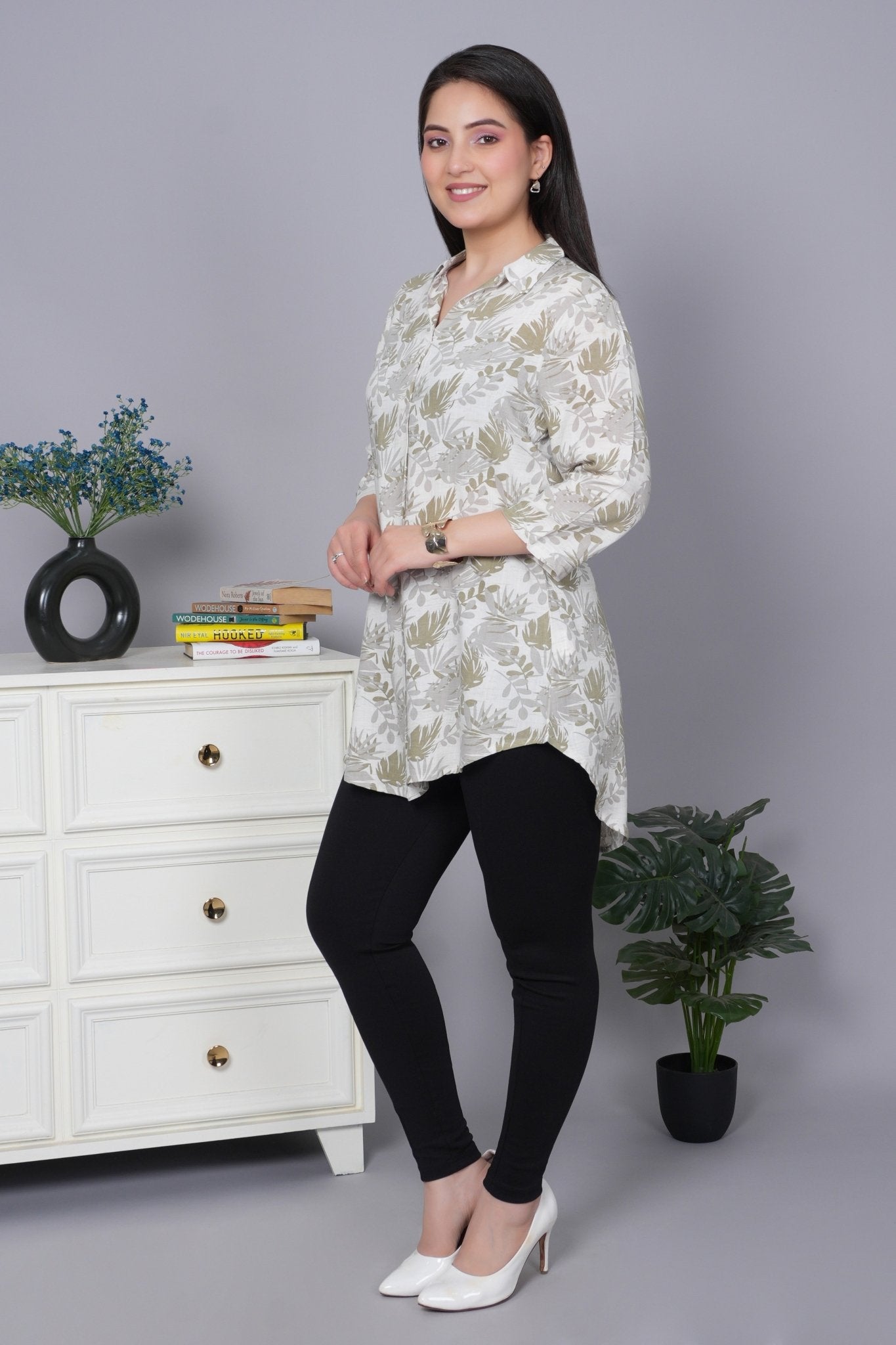 Olive cotton printed flare top [ 100% cotton] - Cotton printed flare top