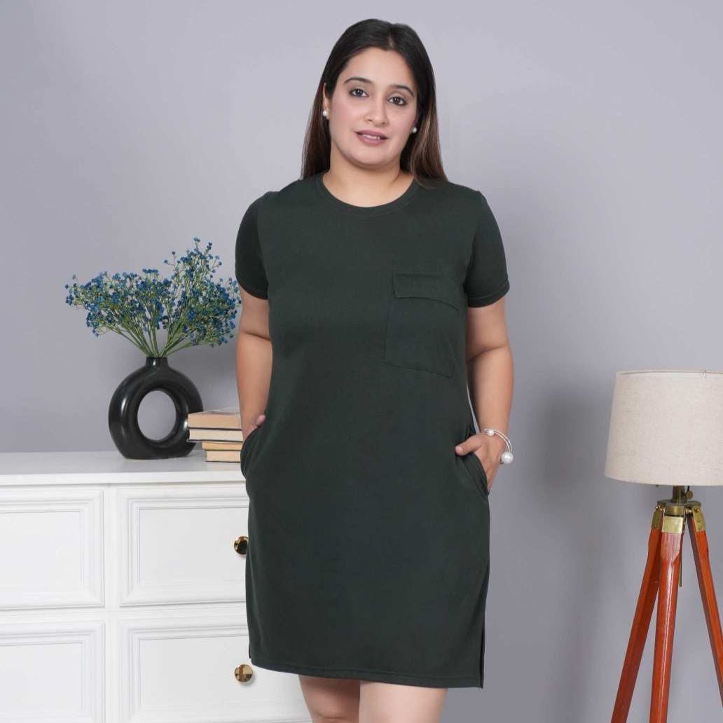 Olive cotton round neck dress with flap pocket - Flap pocket dress