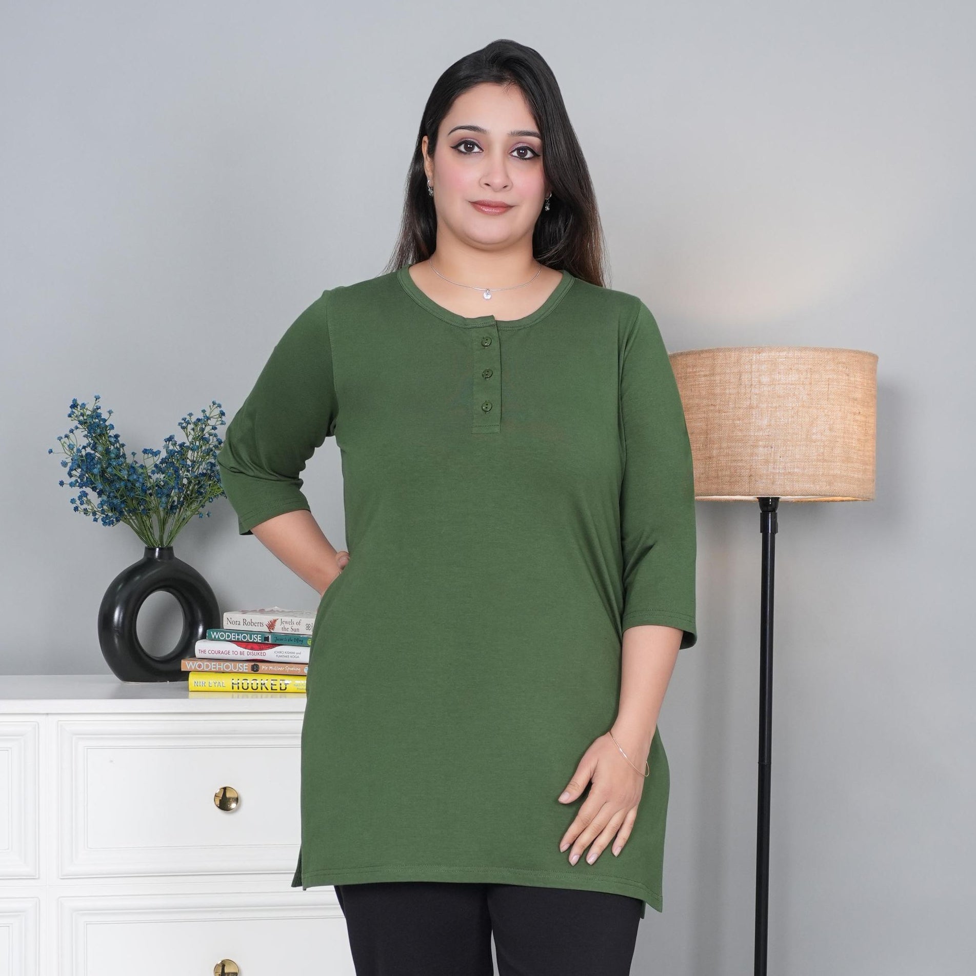 Olive long round neck henley cotton lycra t-shirt with pockets - Long cotton t-shirt