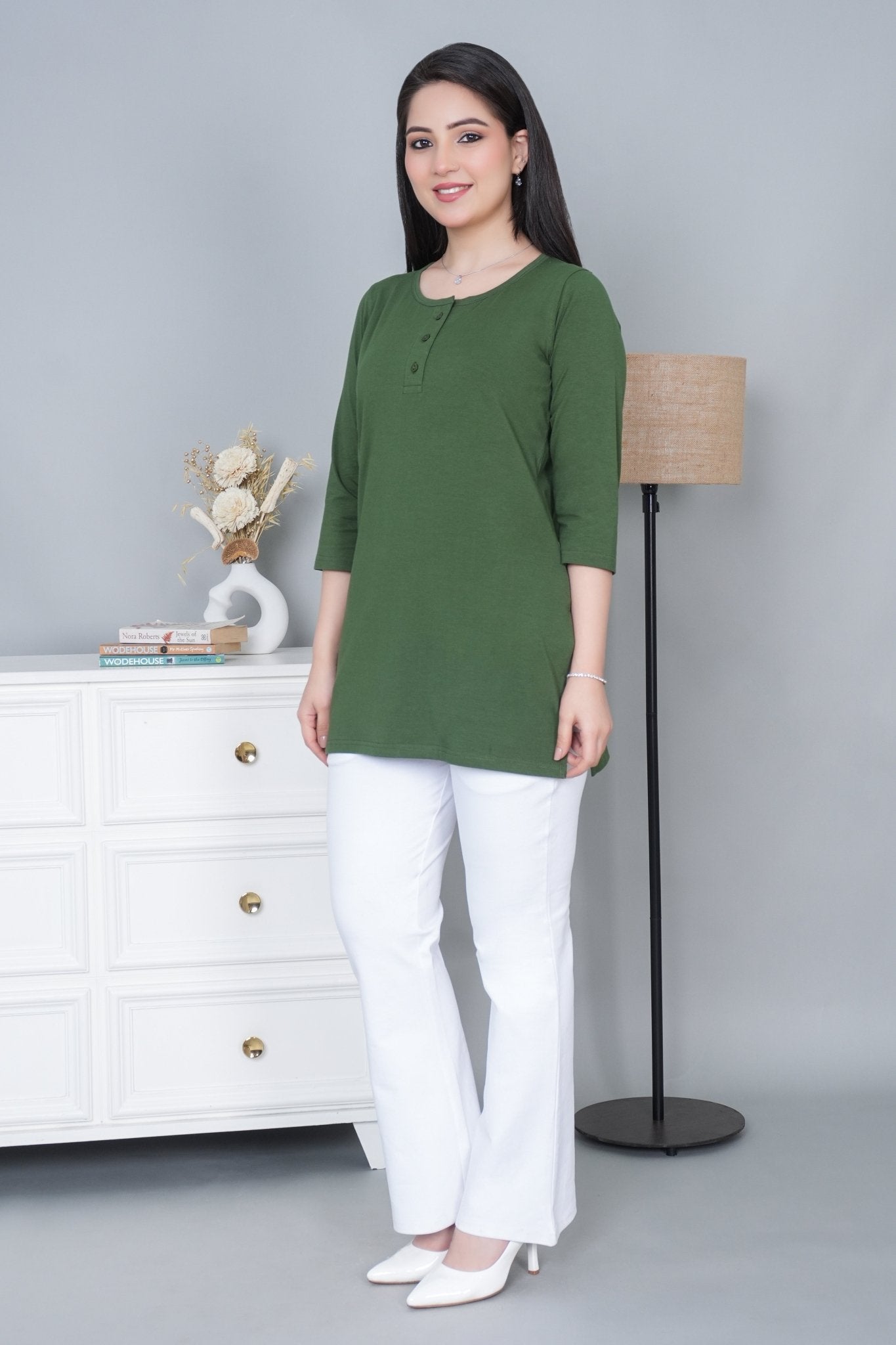 Olive long round neck henley cotton lycra t-shirt with pockets - Long cotton t-shirt