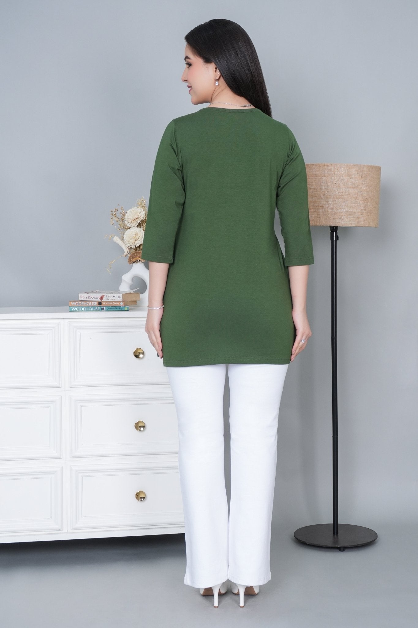 Olive long round neck henley cotton lycra t-shirt with pockets - Long cotton t-shirt