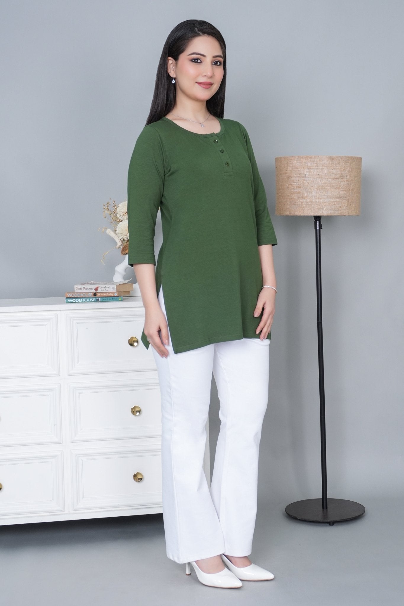 Olive long round neck henley cotton lycra t-shirt with pockets - Long cotton t-shirt