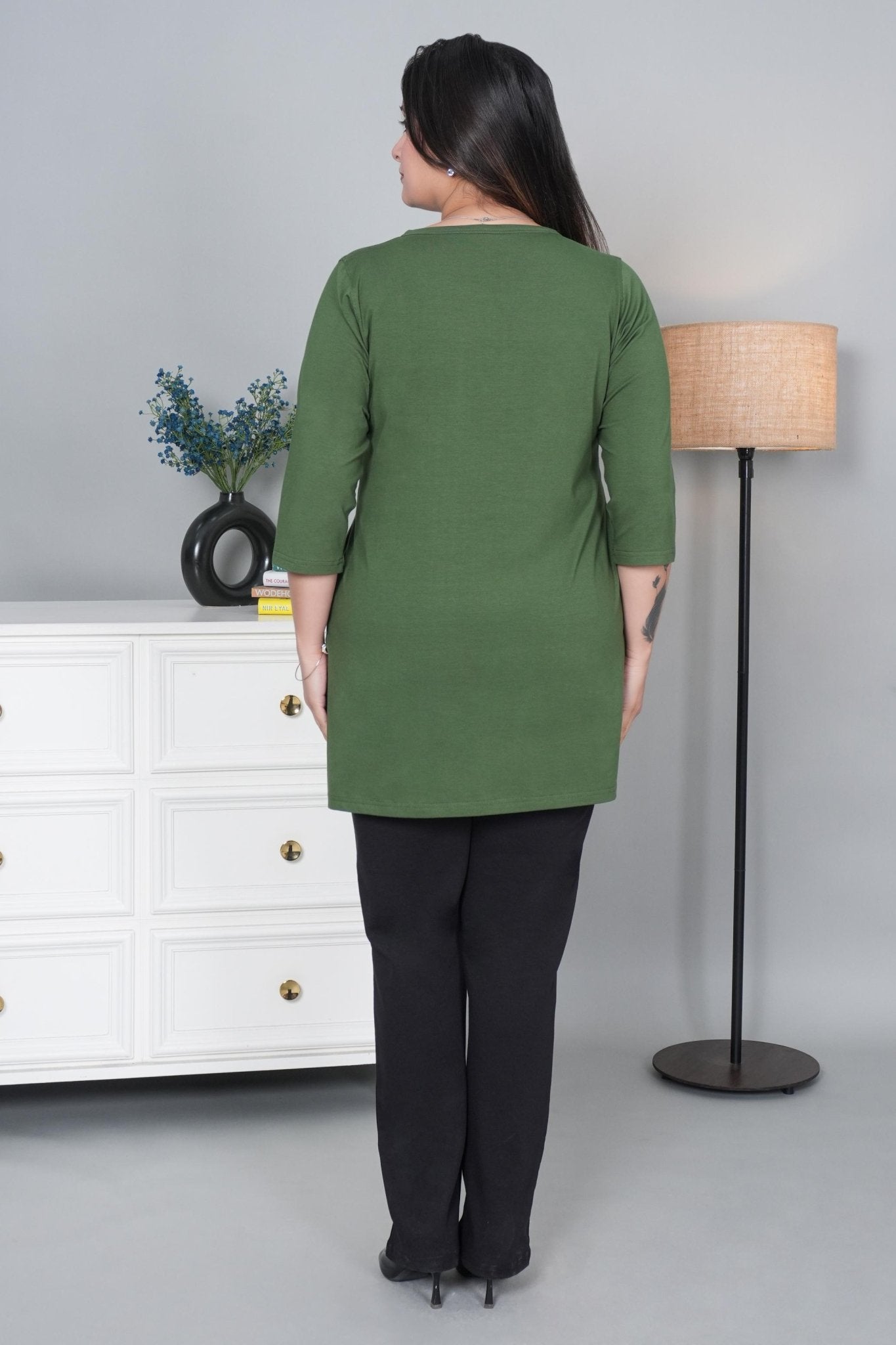 Olive long round neck henley cotton lycra t-shirt with pockets - Long cotton t-shirt