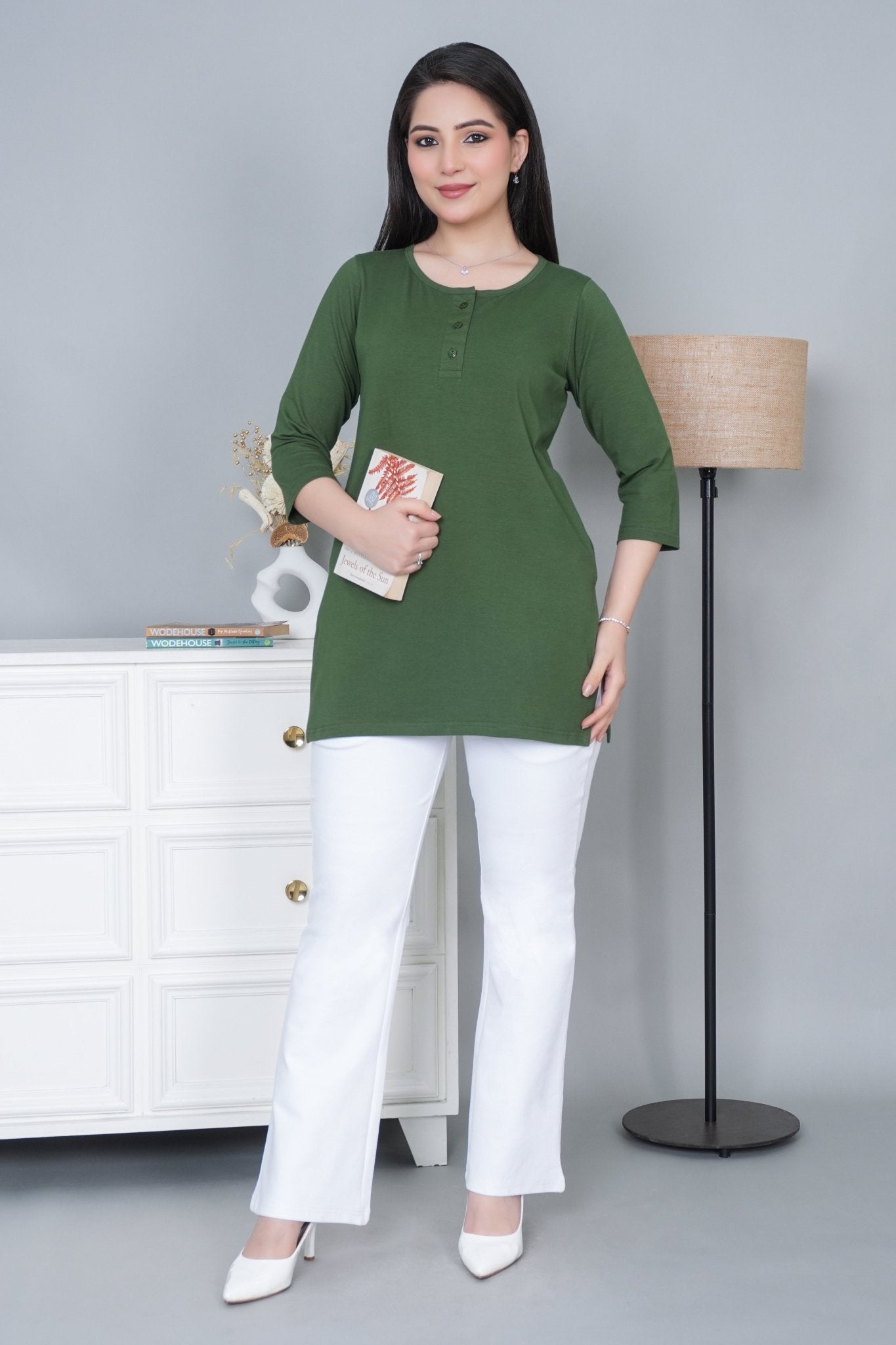 Olive long round neck henley cotton lycra t-shirt with pockets - Long cotton t-shirt
