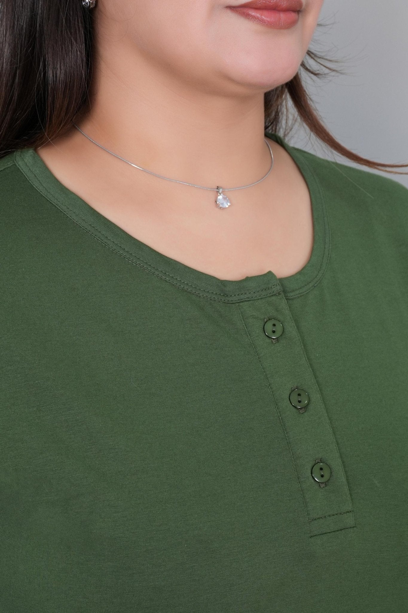 Olive long round neck henley cotton lycra t-shirt with pockets - Long cotton t-shirt