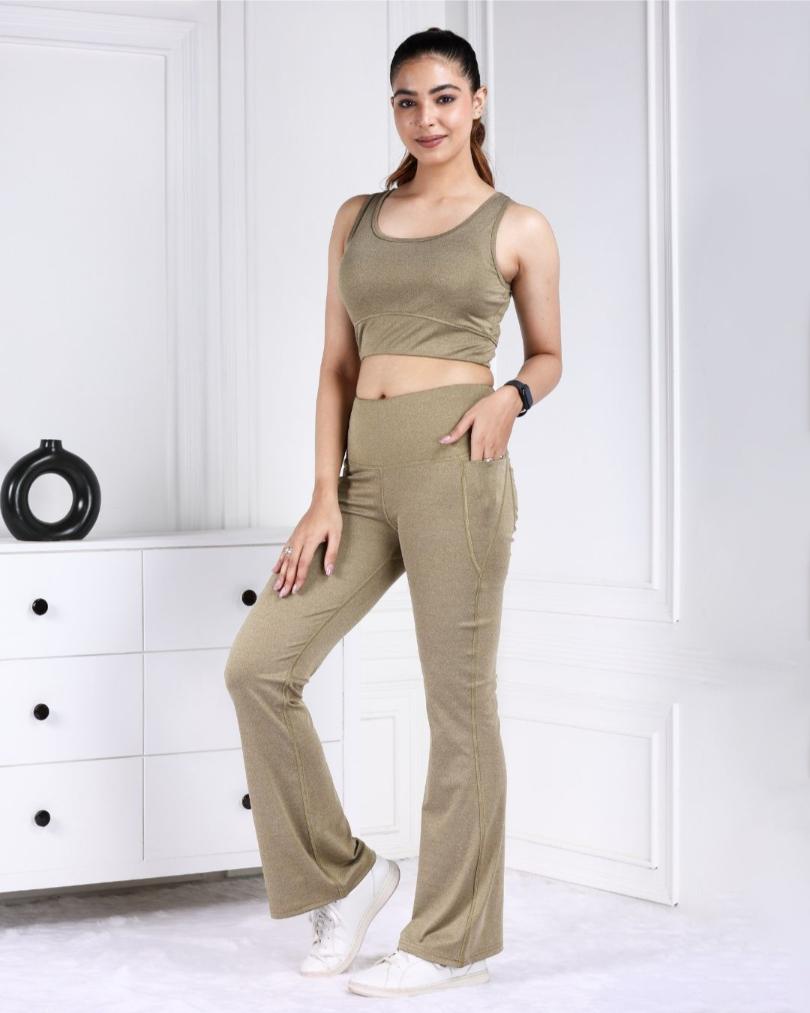 Olive Melange Active Flare Pants - Active melange flare pants