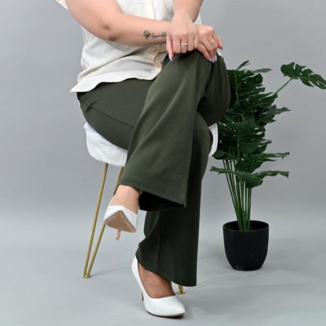 Olive plus size stretchable biowash USA HQ cotton bootcut flare pants with superior elastic belt. - Milano plus size bootcut flare pants