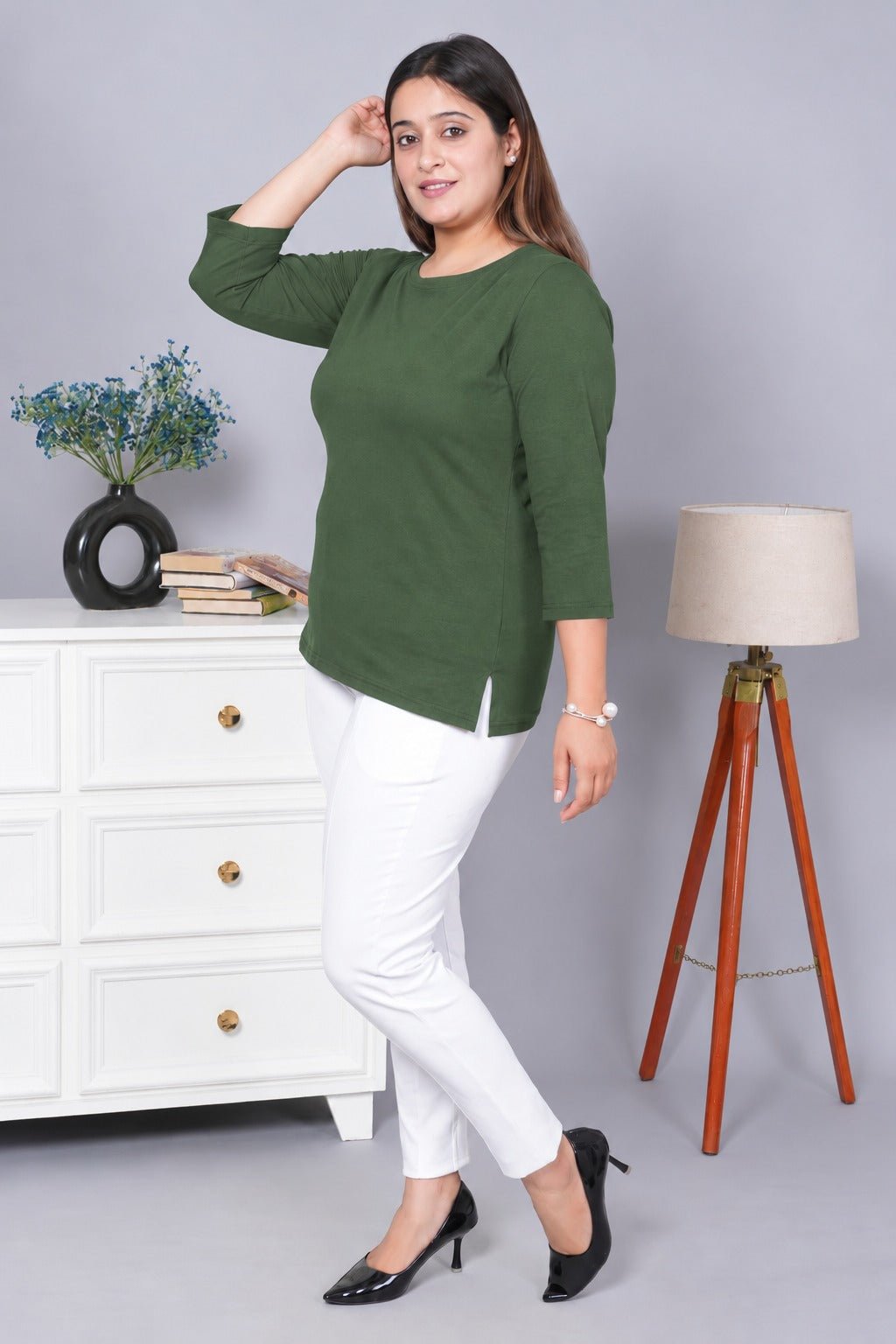 Olive Round Neck Cotton Lycra 3/4 Sleeve T Shirt -Cotton t shirt